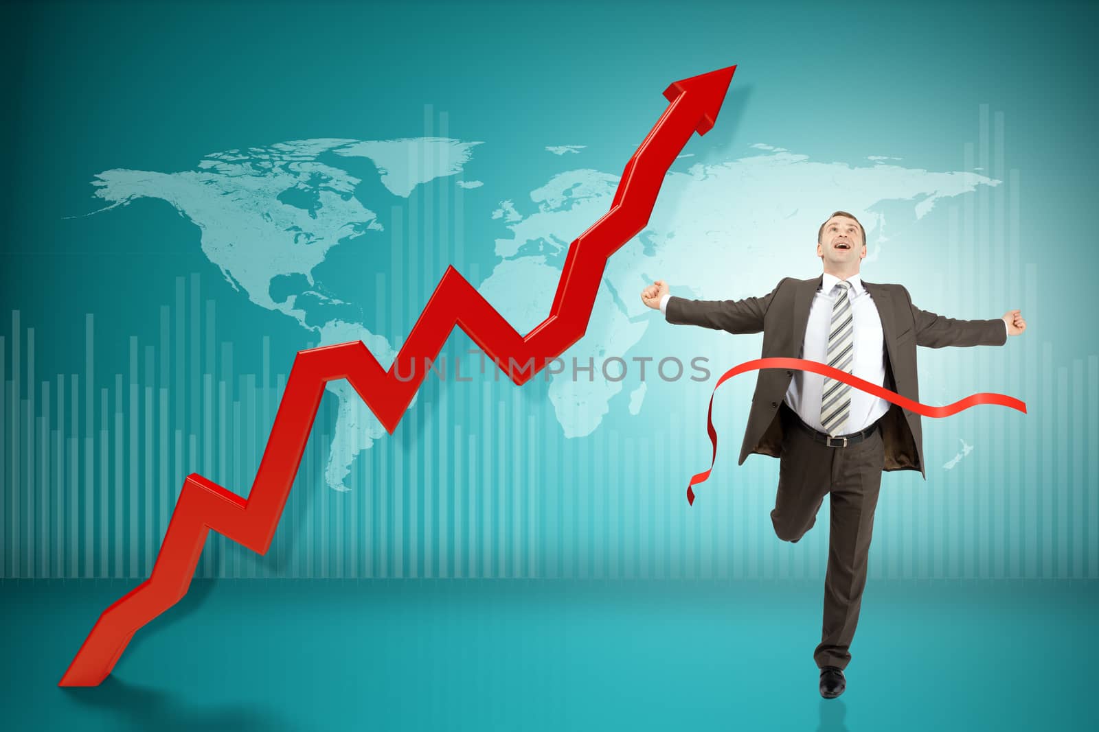 Happy businessman running forward on abstract background with world map 