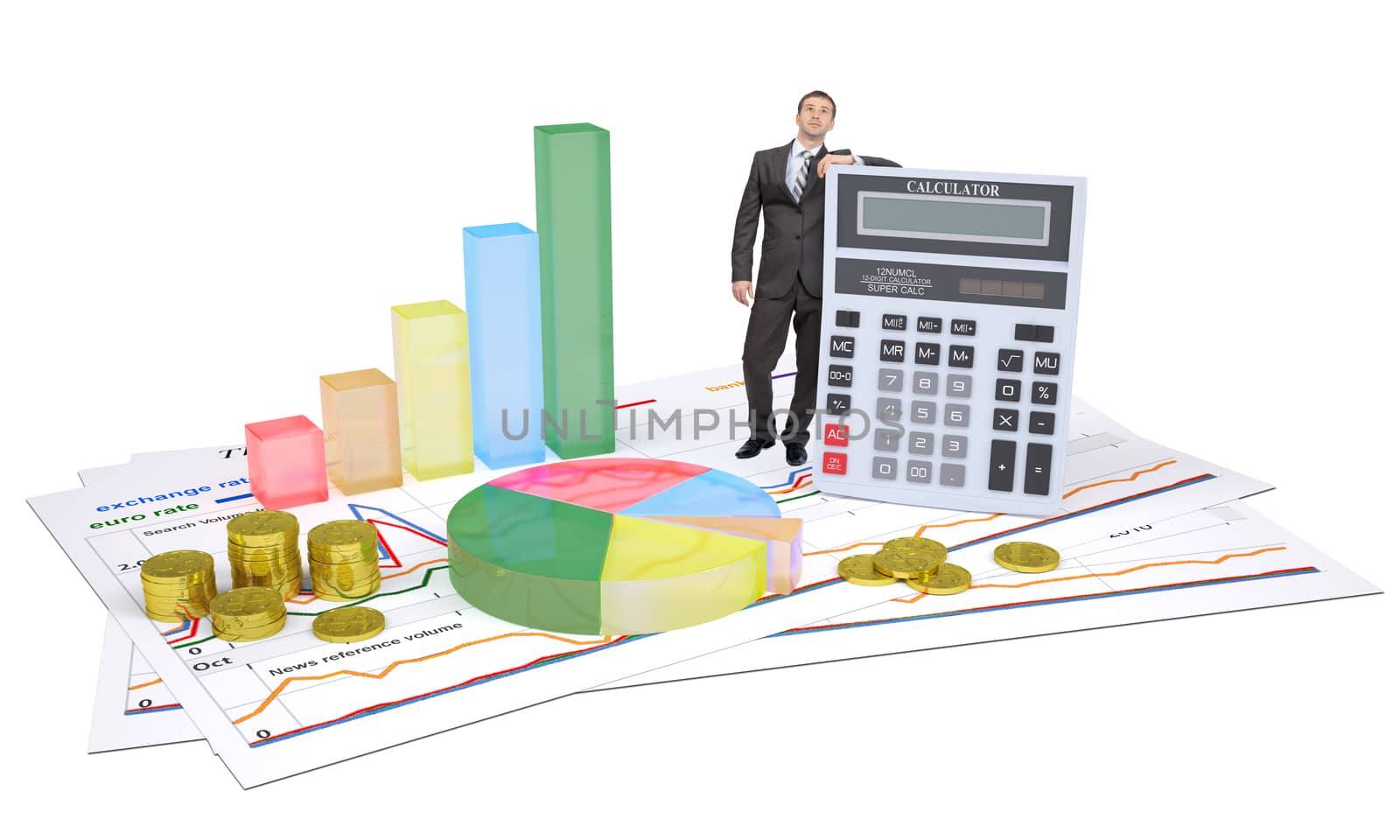 Businessman with calculator and graphs on white background