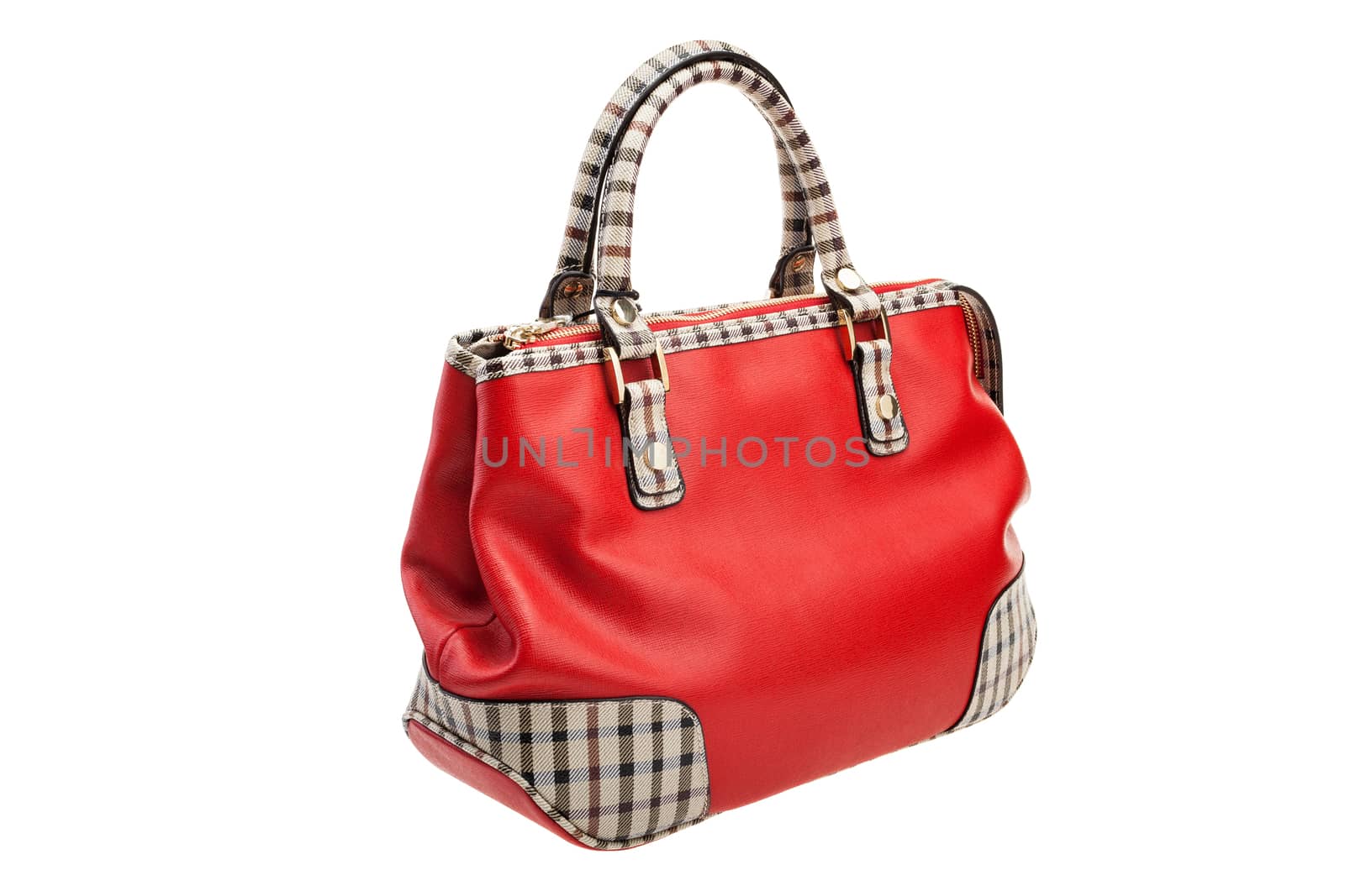 New patterned red womens bag isolated on white background.