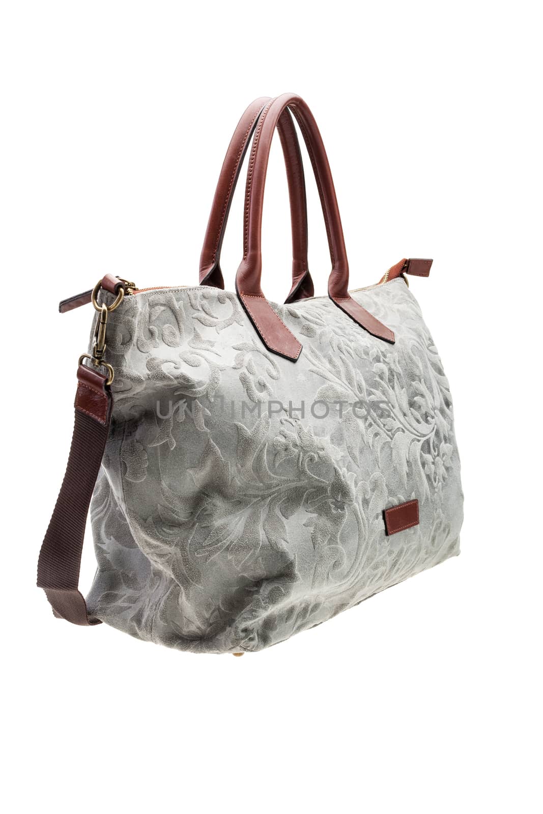 Grey patterned womens bag isolated on white background. by igor_stramyk