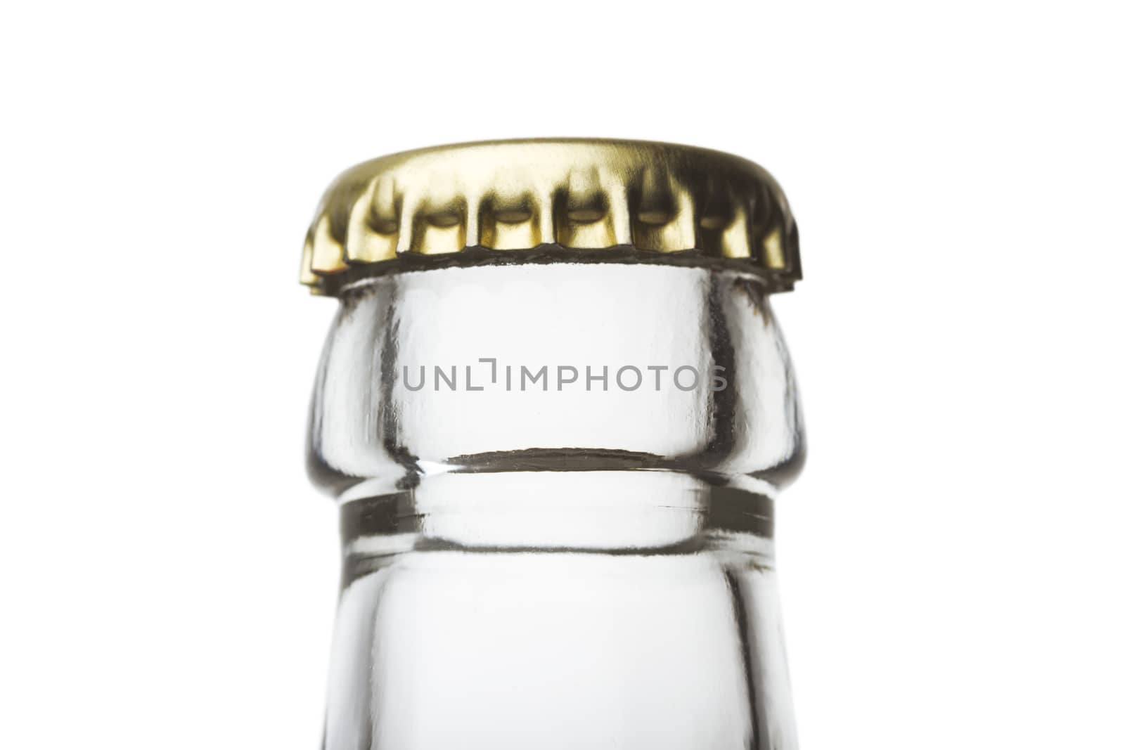 Beer bottle close up isolated on white background, cap visible