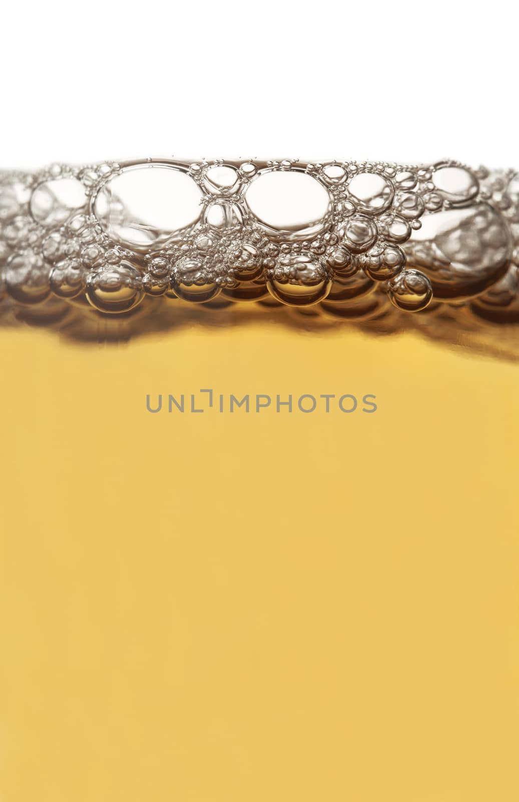 Vertical close up of beer froth isolated on white background