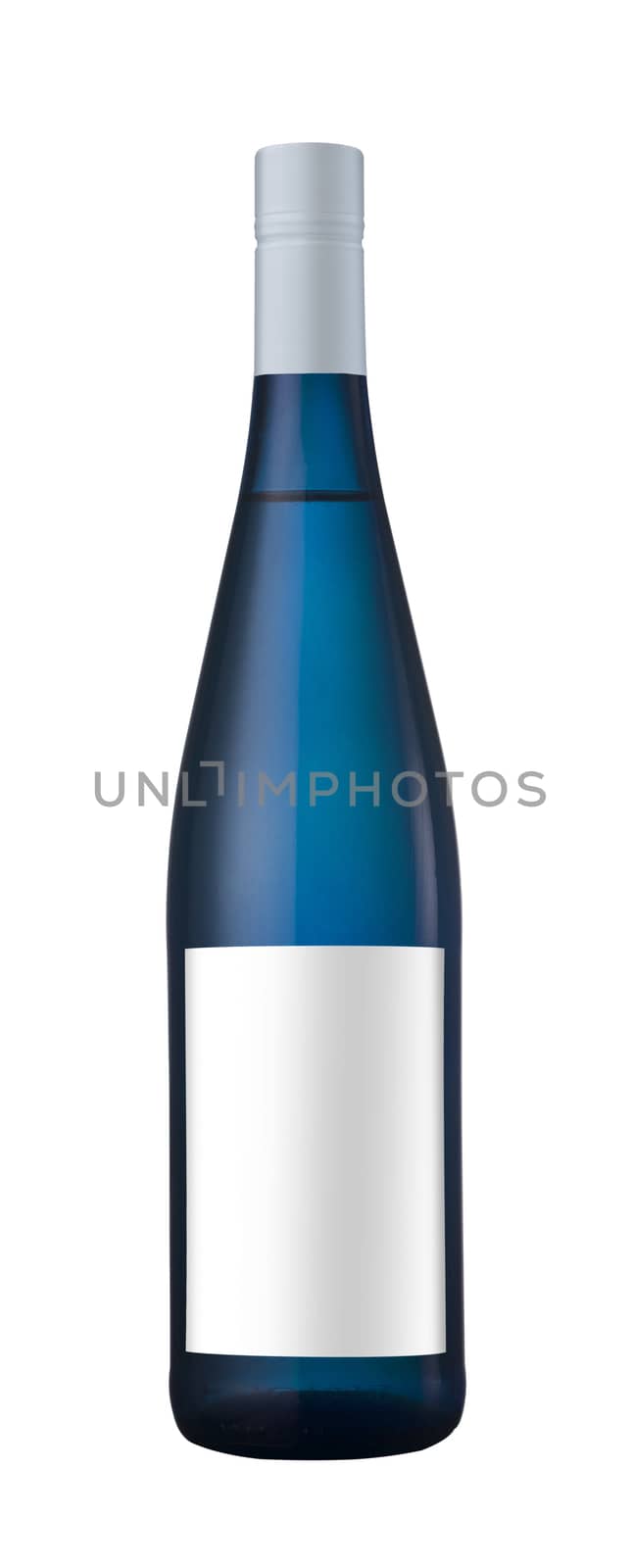 Blue bottle of wine with blank label and pilfer isolated on white background