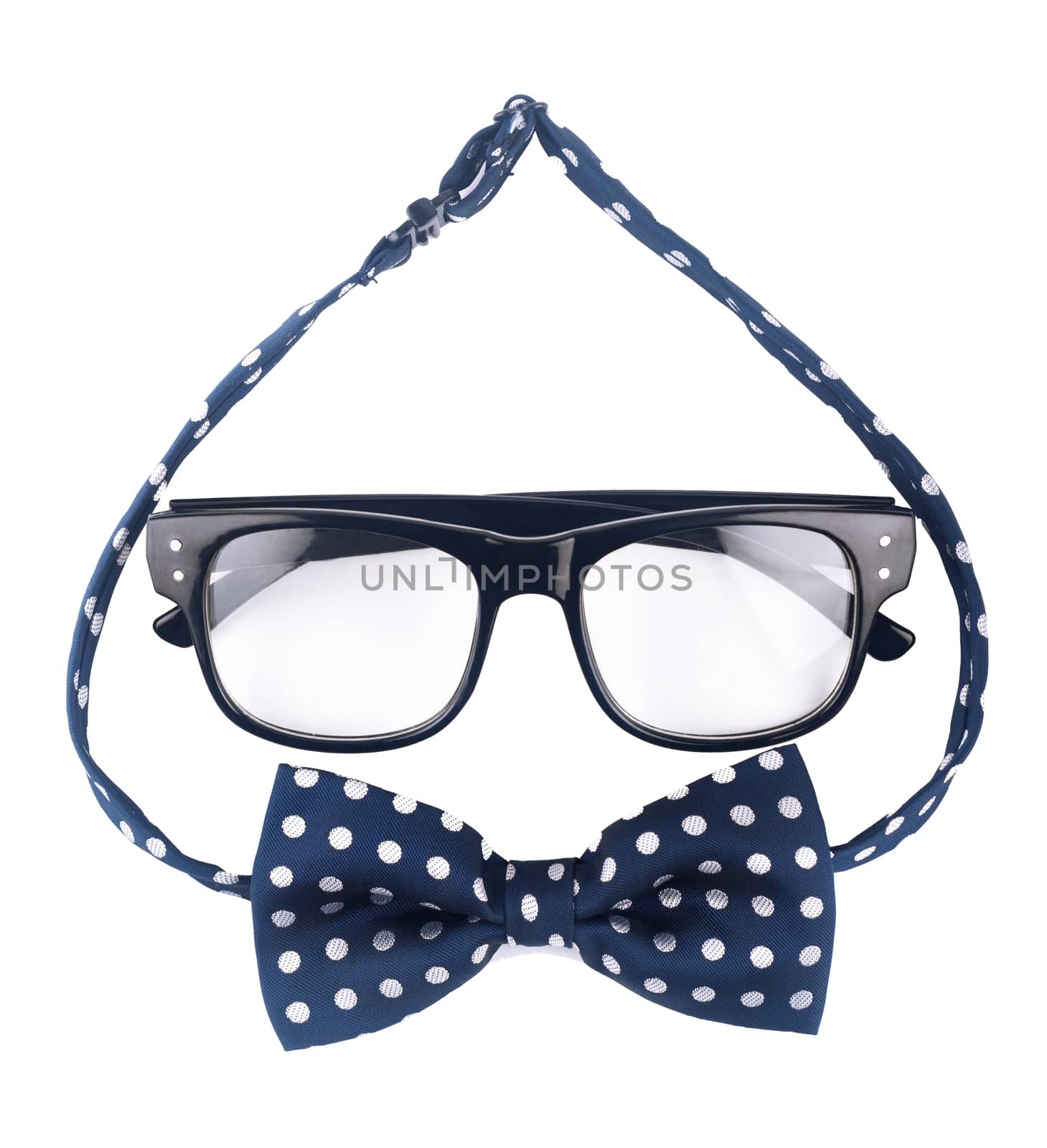 Hipster glasses and dotted bow isolated on white background