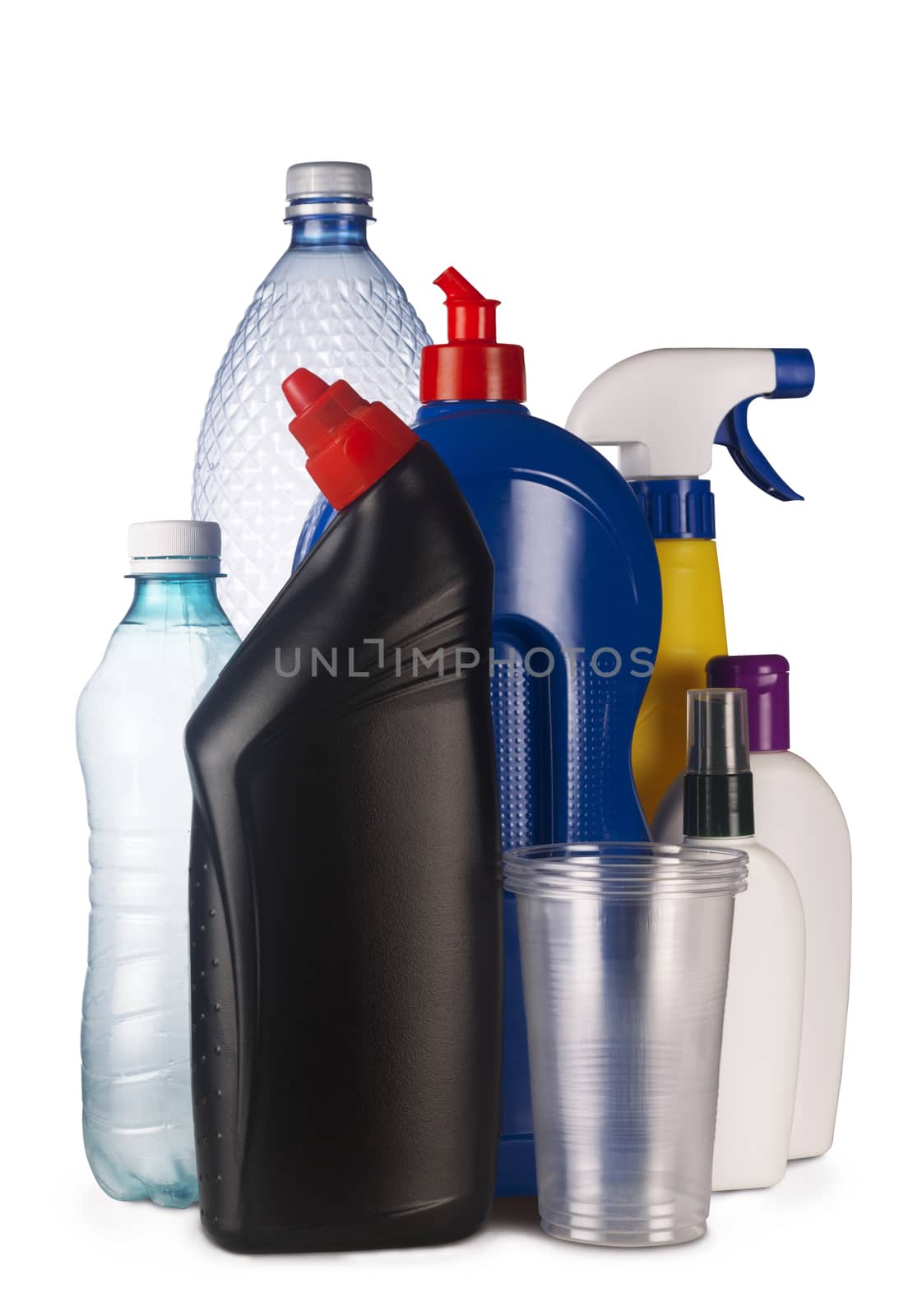 Set of plastic containers isolated on white background, ready for recycle