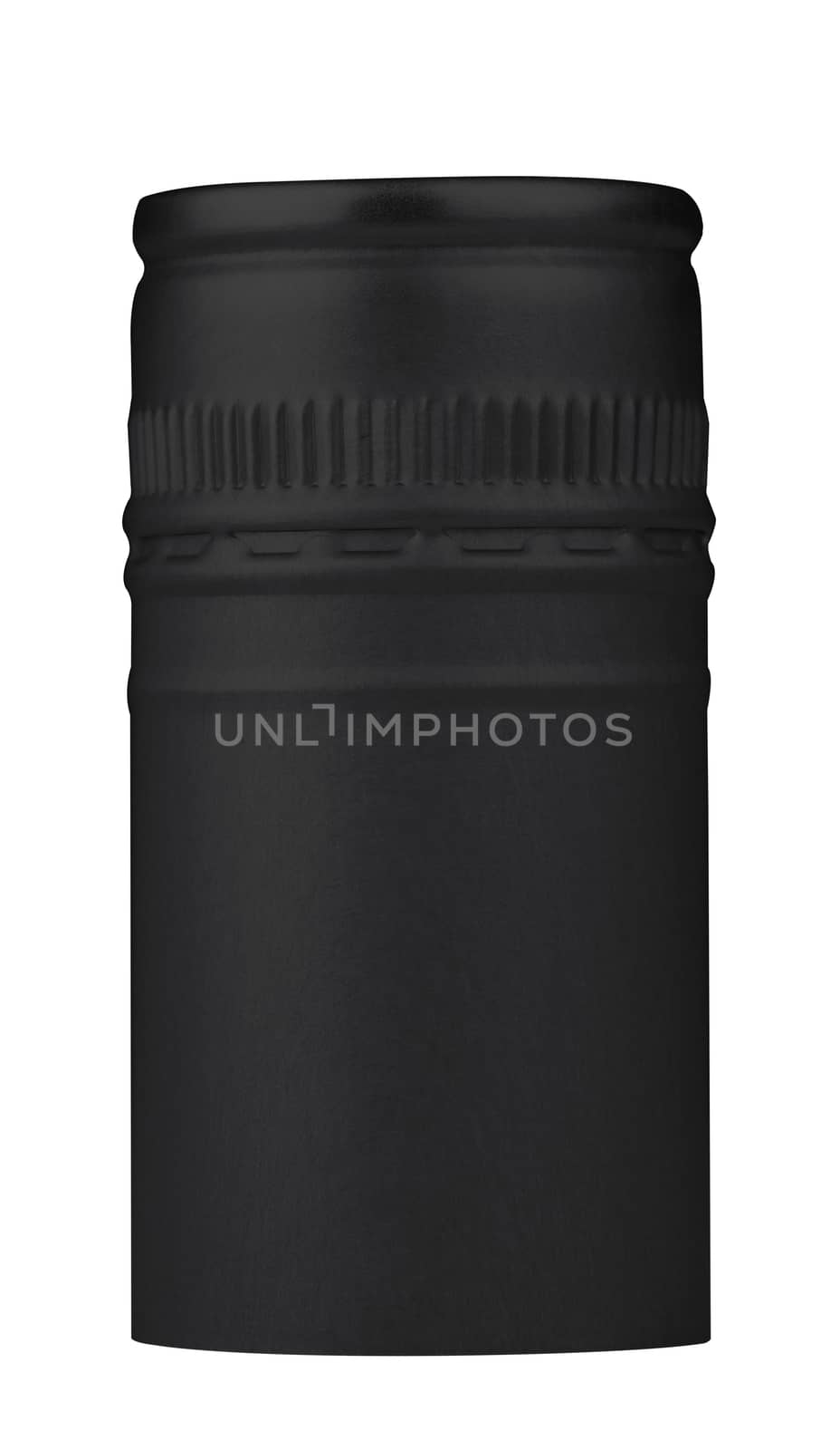 Macro shot of a black pilfer cap isolated on white background