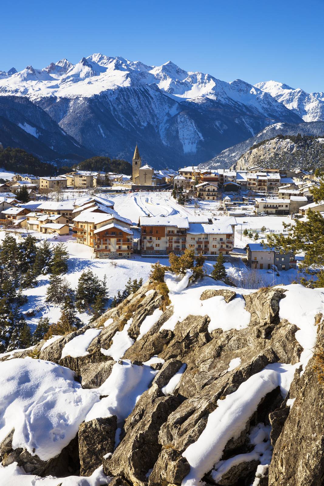 View of Aussois village in winter, France