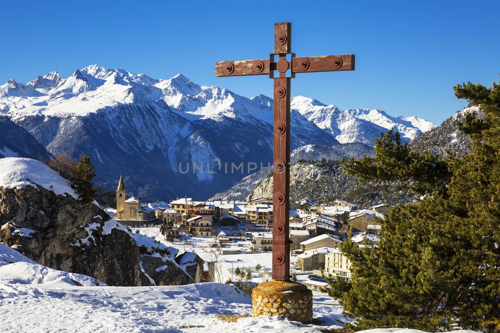 View of Aussois village and cross, France