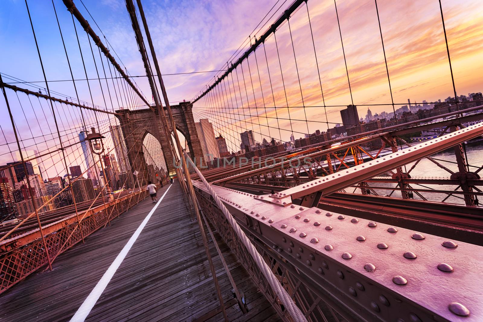 New York City, USA, early in the morning on the famous Brooklyn Bridge