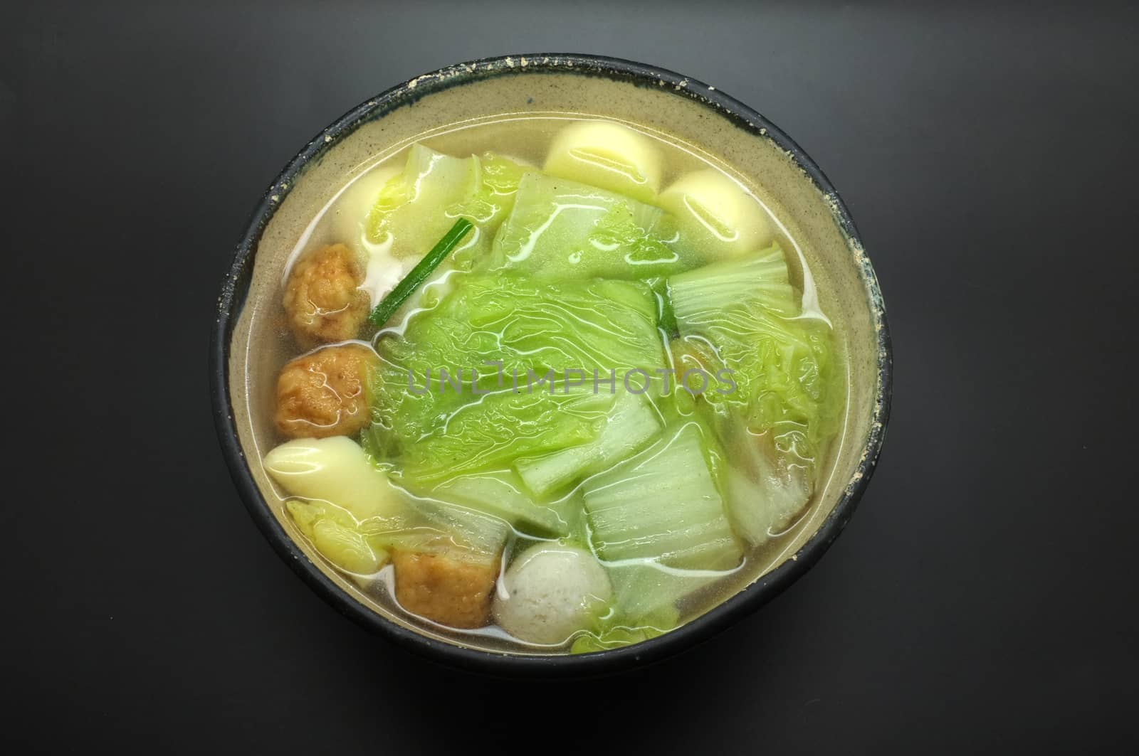 Vegetable soup with chinese cabbage, egg tofu and fish ball