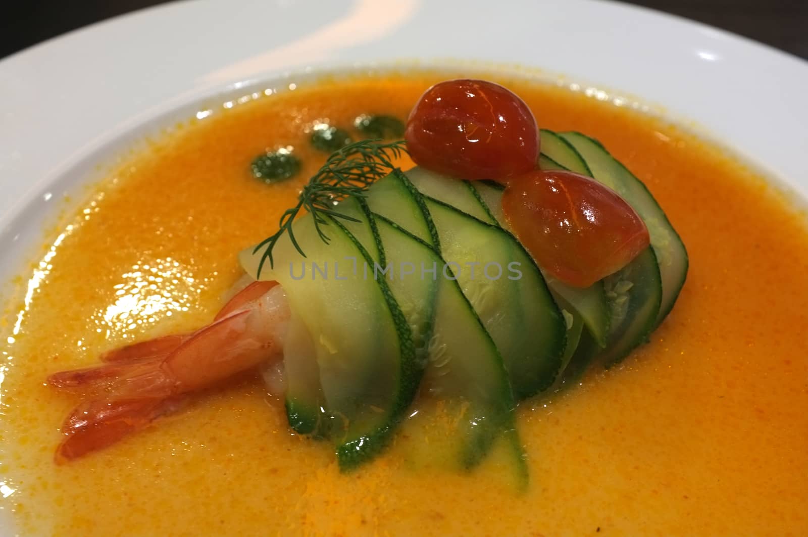 Shrimp rolled with cucumber in spicy sauce, fusion food