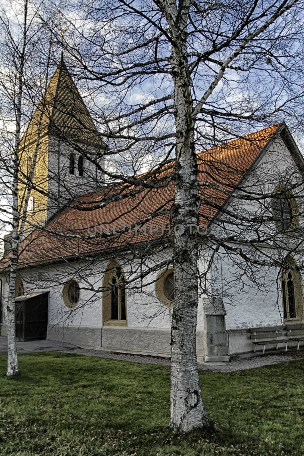 church in Brevine, Switzerland and sky blue and cloud