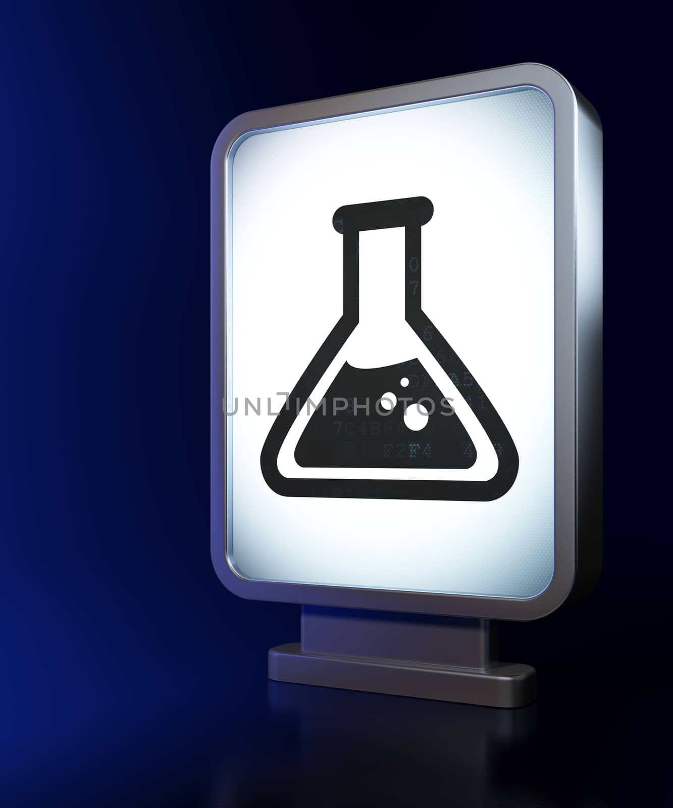 Science concept: Flask on advertising billboard background, 3d render