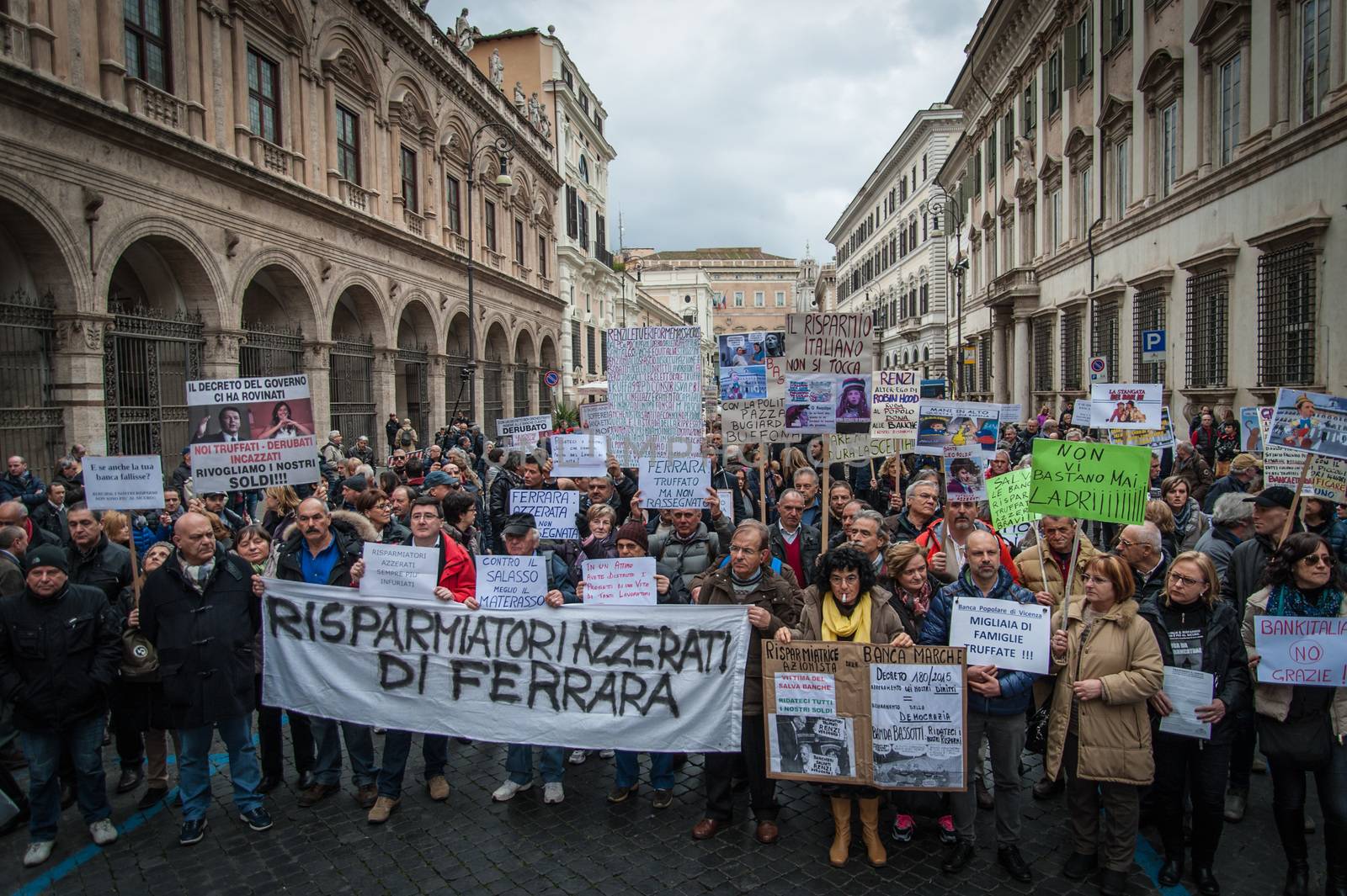 ITALY, Rome: As Italy's economy struggles in the face of a banking crisis, protesters fill the Piazza Santi Apostoli in Rome on January 31, 2016. They voice their fears about the state of their savings.