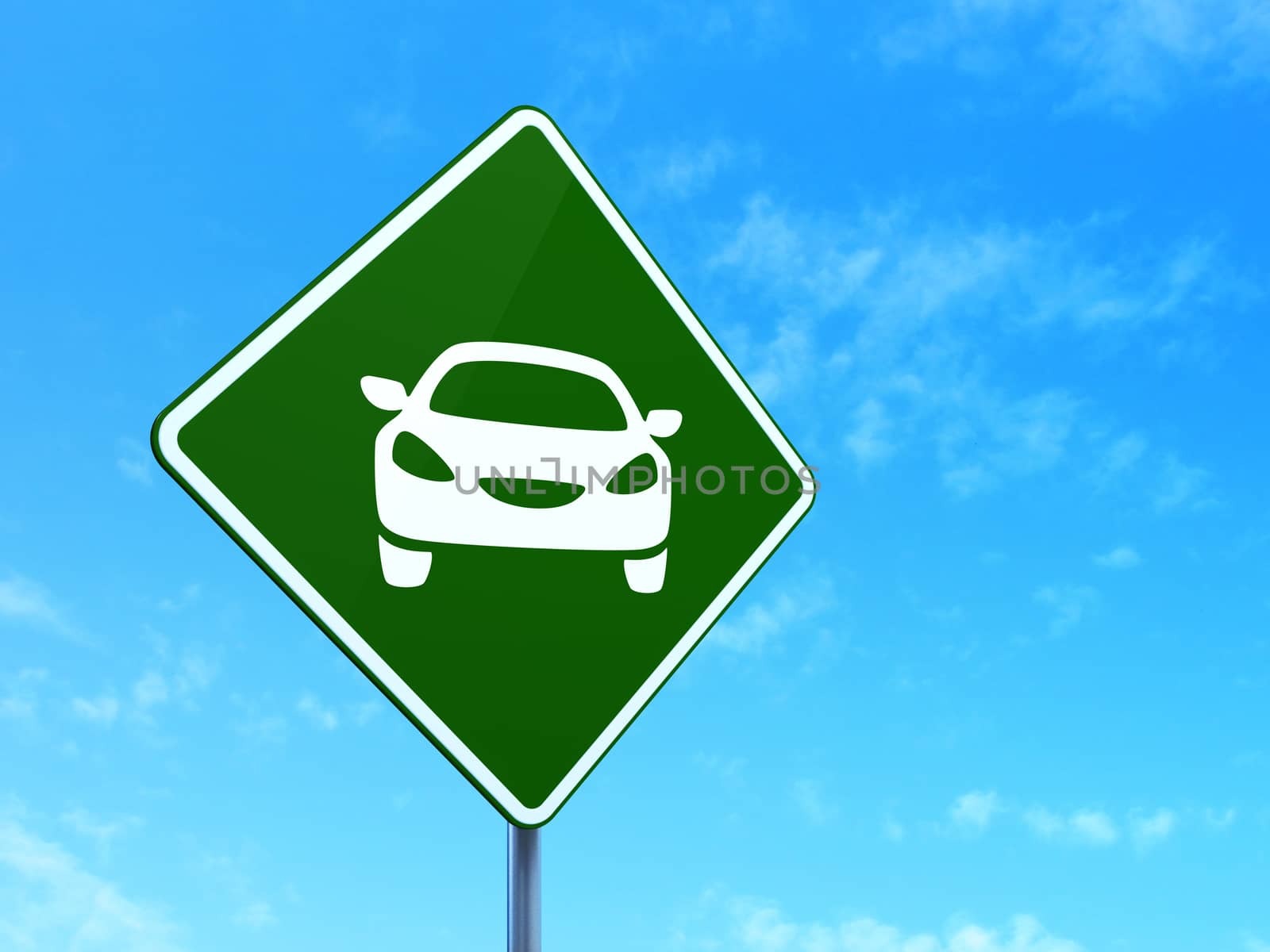 Travel concept: Car on green road highway sign, clear blue sky background, 3d render