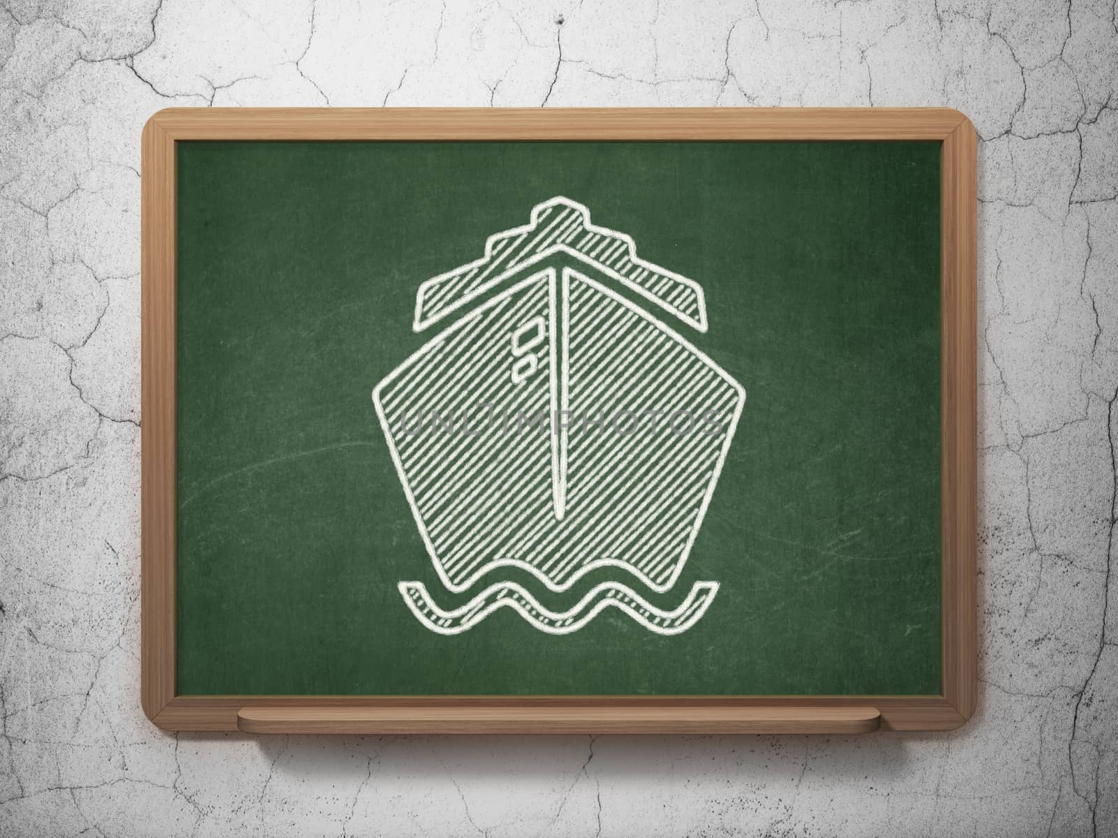 Tourism concept: Ship icon on Green chalkboard on grunge wall background