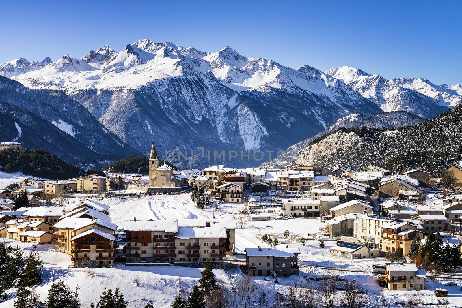 View of Aussois village and cross, France