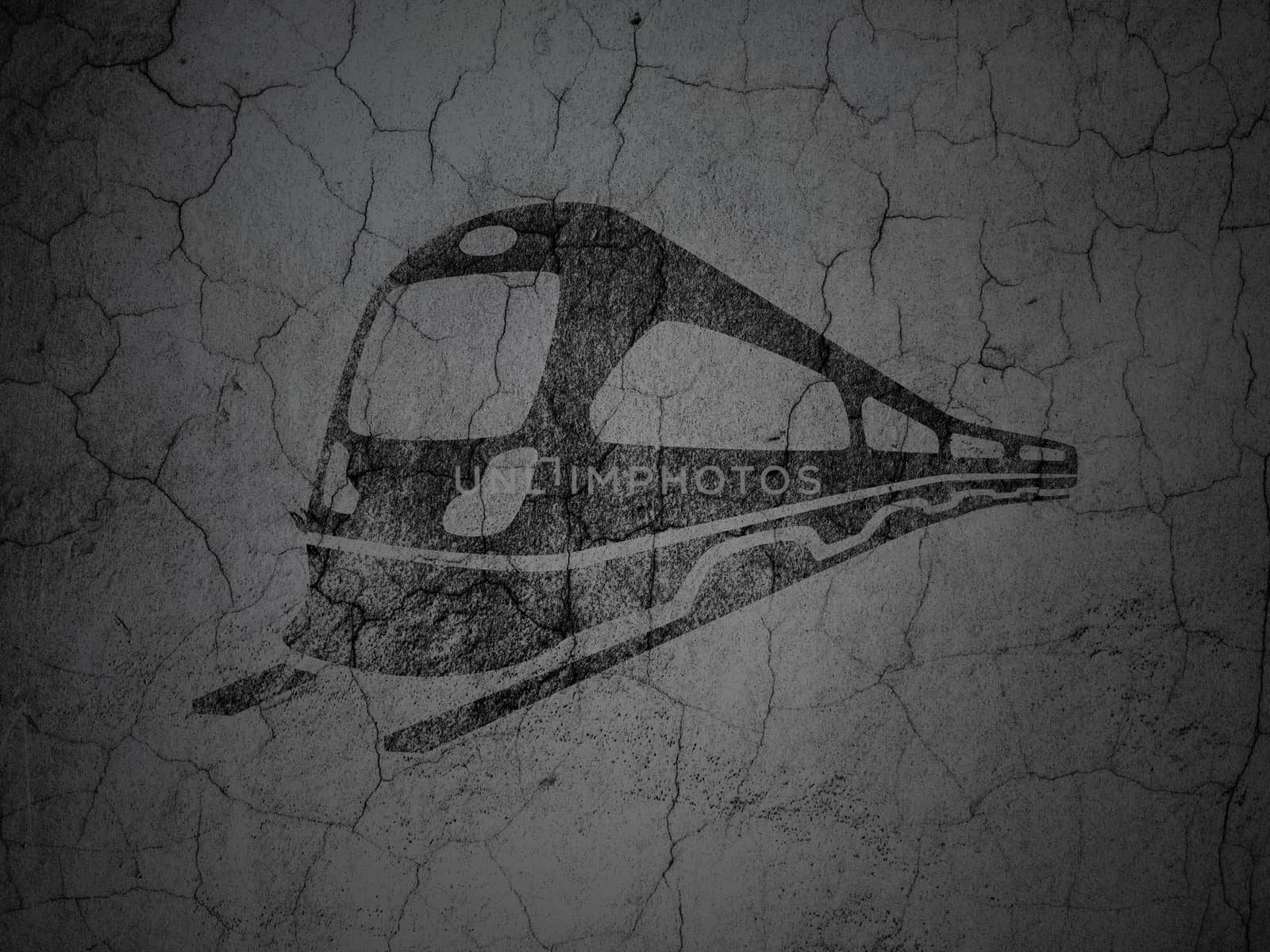 Travel concept: Black Train on grunge textured concrete wall background