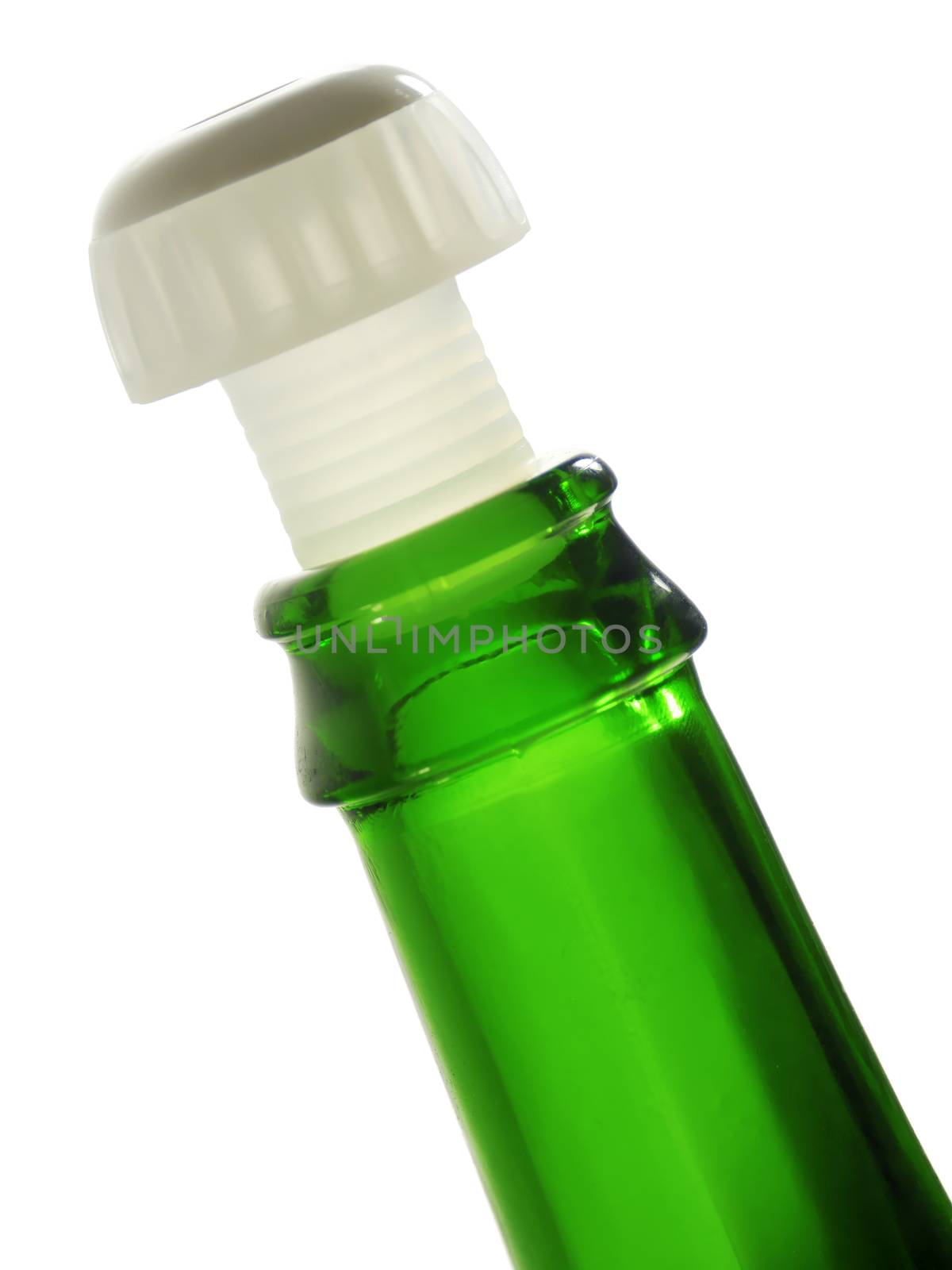 Rim of green empty bottle with plastic cork, isolated on white.