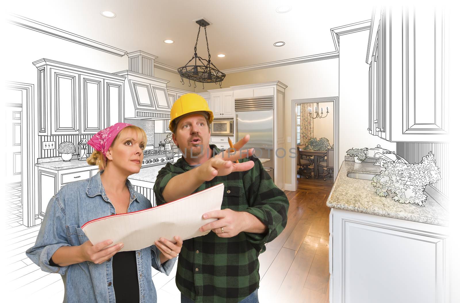 Contractor Talking with Customer Over Kitchen Drawing and Photo  by Feverpitched