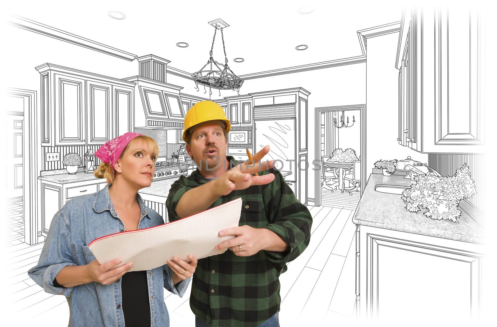 Contractor Talking with Customer Over Kitchen Drawing by Feverpitched