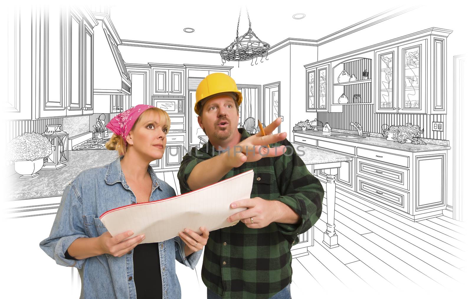 Contractor Talking with Customer Over Custom Kitchen Drawing.