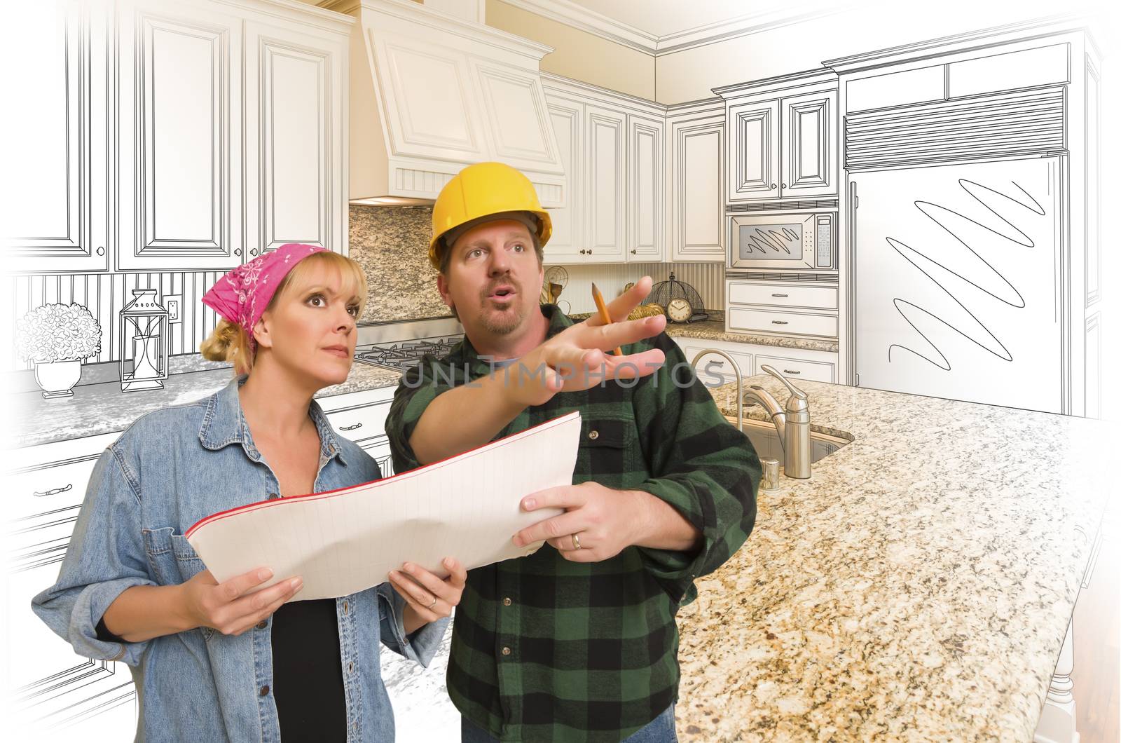 Contractor Talking with Customer Over Kitchen Drawing and Photo  by Feverpitched