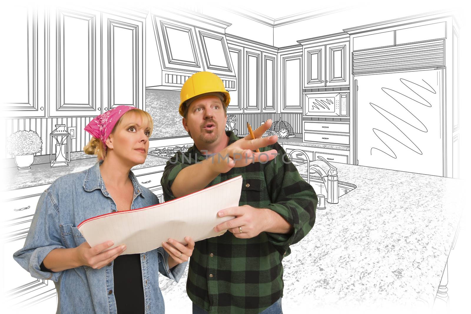 Contractor Talking with Customer Over Kitchen Drawing by Feverpitched