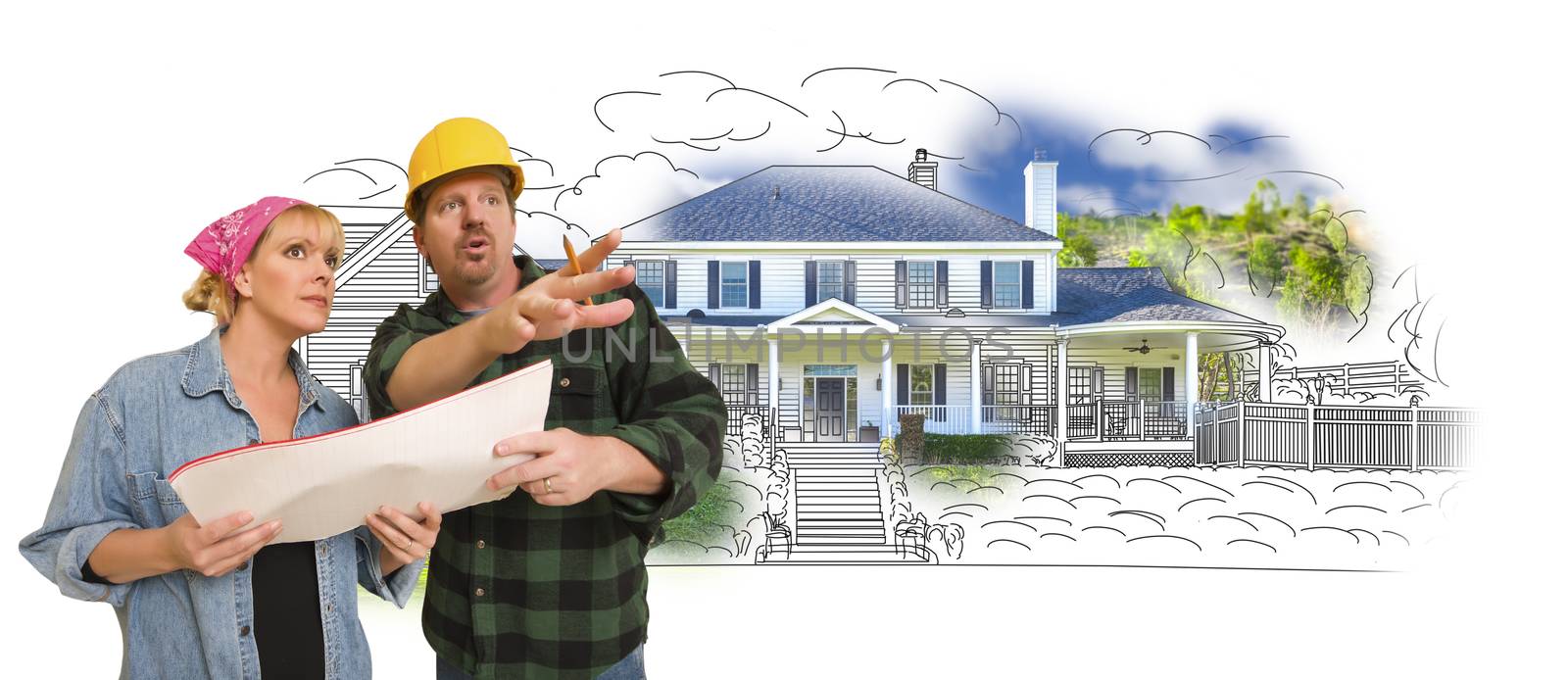 Contractor Talking with Customer Over Custom Home Drawing and Photo Combination.