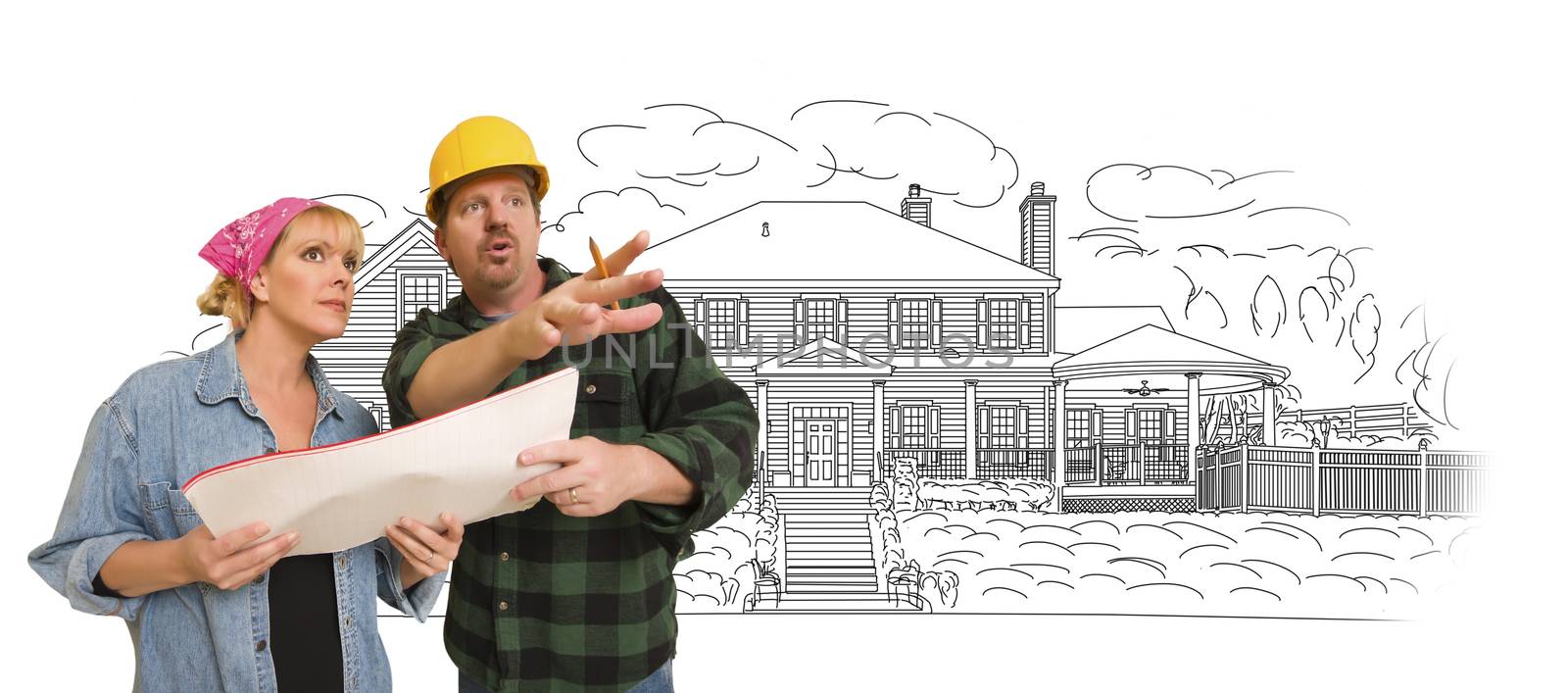 Contractor Talking with Customer Over Custom Home Drawing.