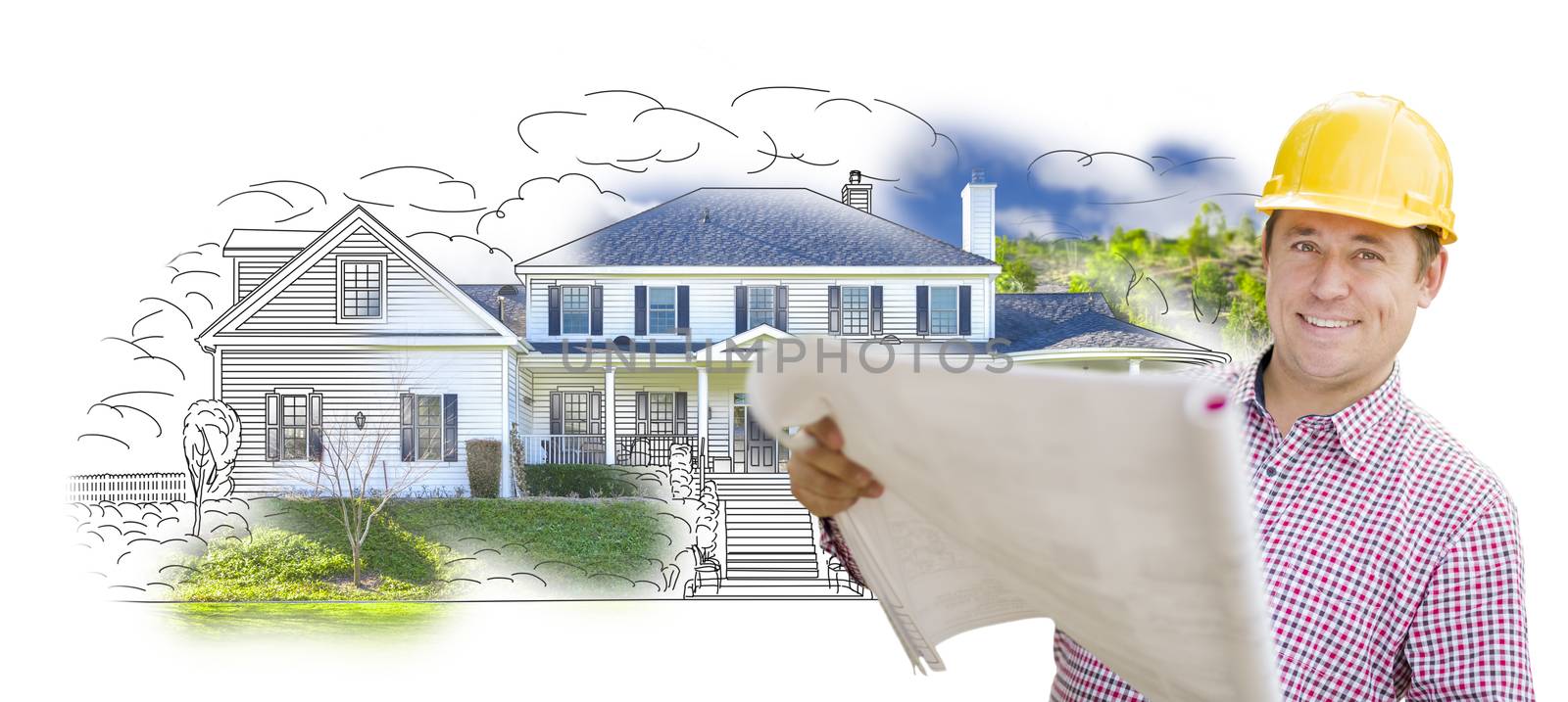 Contractor Holding Blueprints Over Custom Home Drawing and Photo by Feverpitched