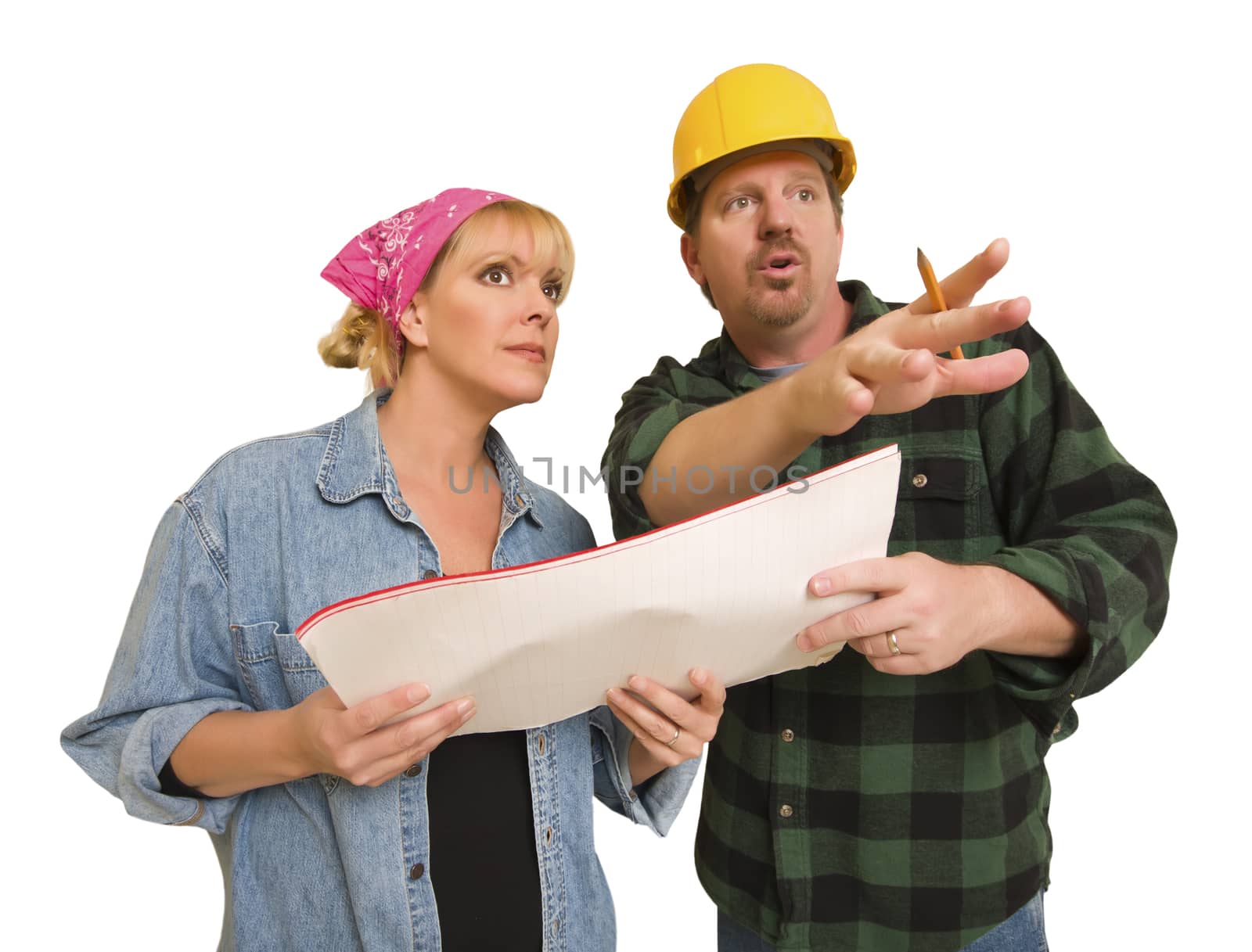 Male Contractor in Hard Hat Discussing Plans with Woman Isolated On A White Background.