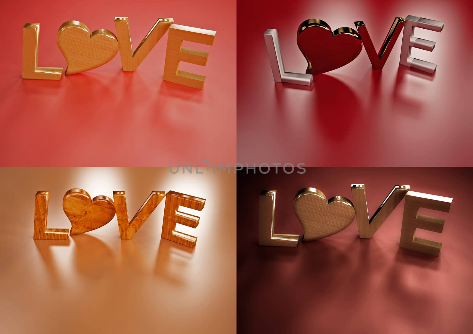 Set of pictures dimensional inscription of LOVE and heart near it.