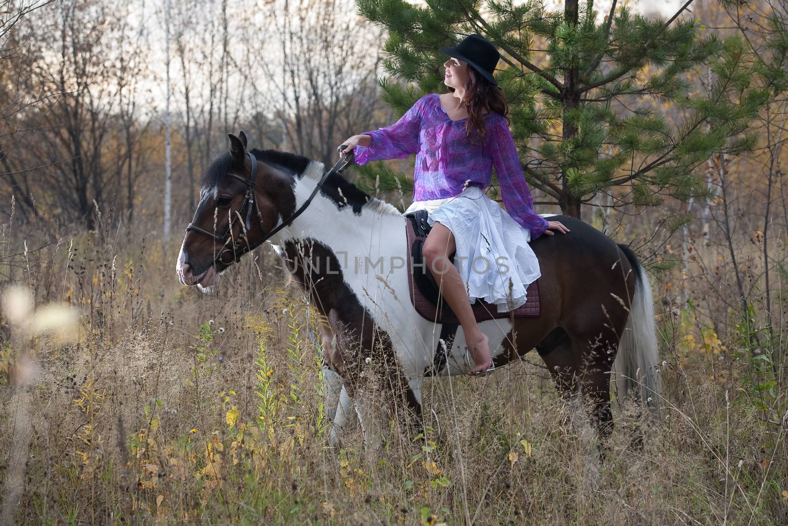 Young woman and horse in a forest