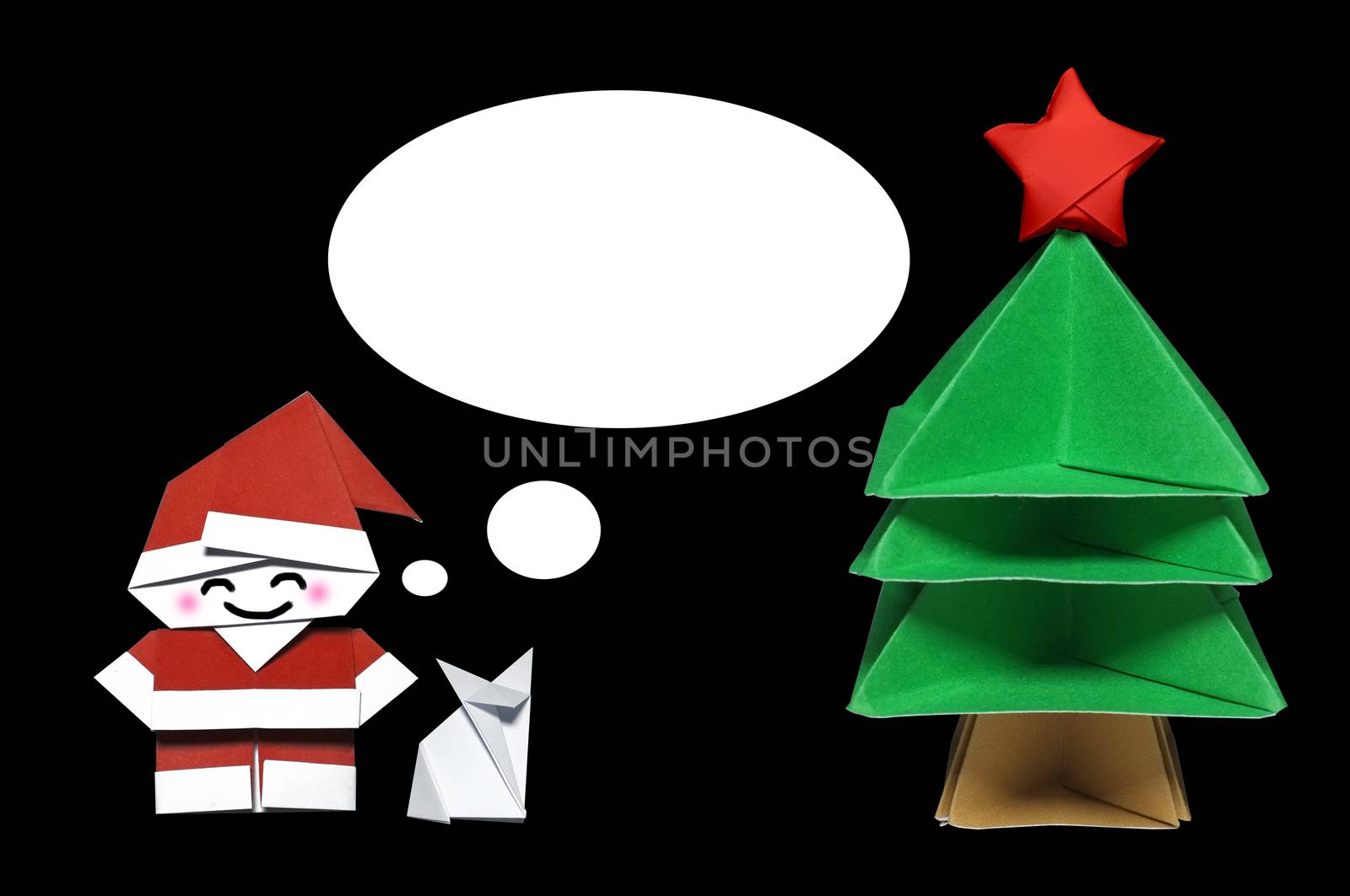 Origami in shape of Santa Claus, Christmas Tree and Fox with callout frame