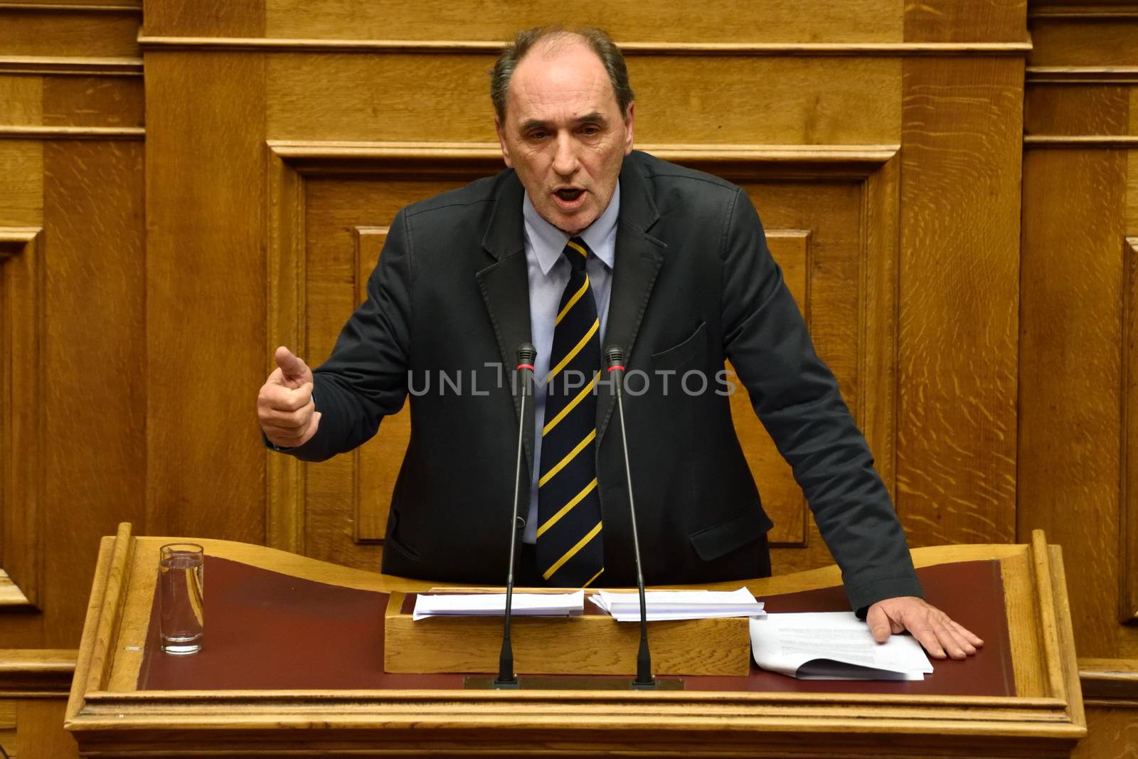 GREECE, Athens : Greece's Economy Minister Giorgos Stathakis addresses the MPS during a parliamentary session ahead of a voting, in Athens, Greece December 15, 2015. Greek parliament votes on reforms needed for the country to receive further financial aid from its international lenders.