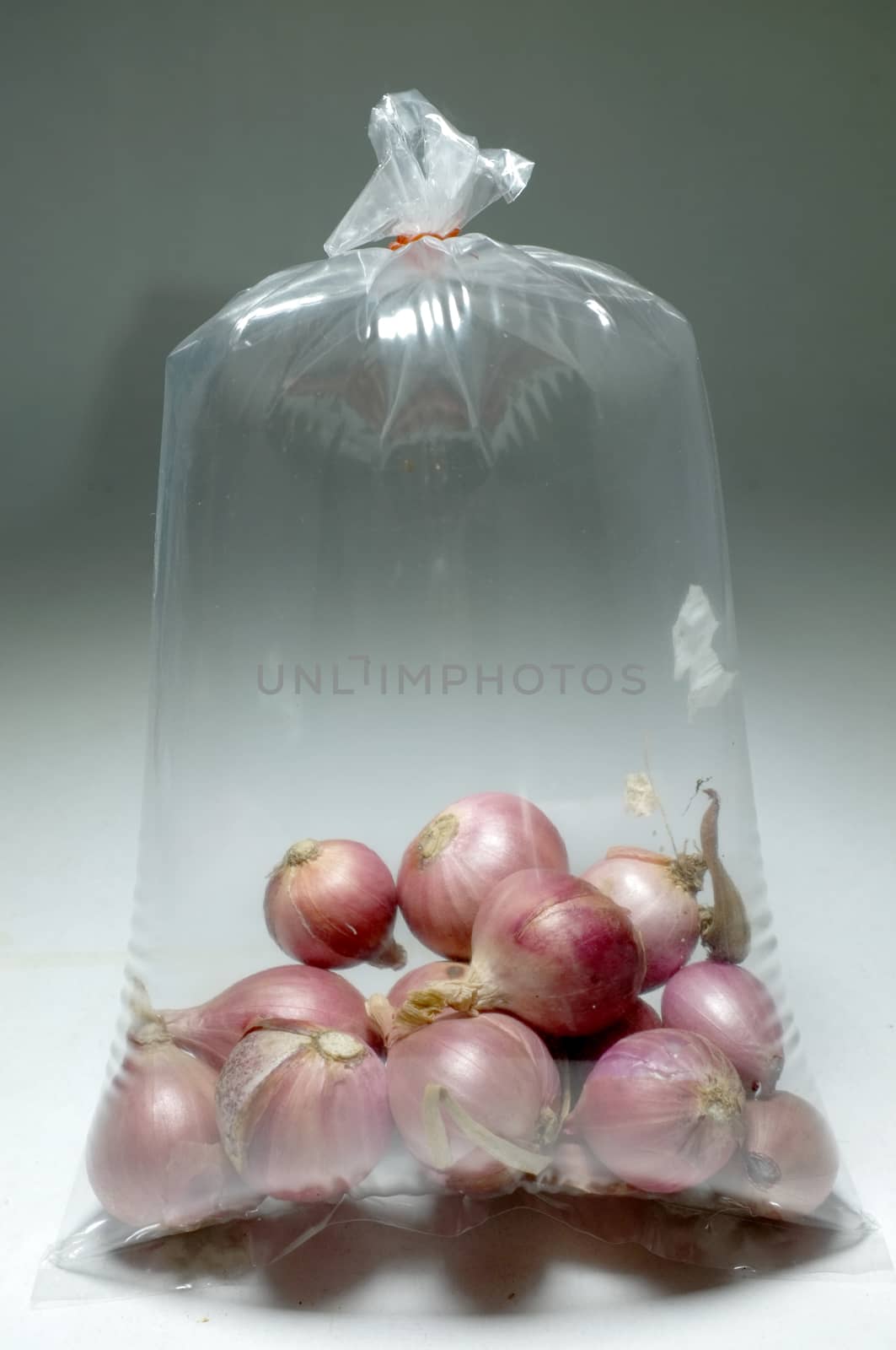 Red onion bulb in plastic bag