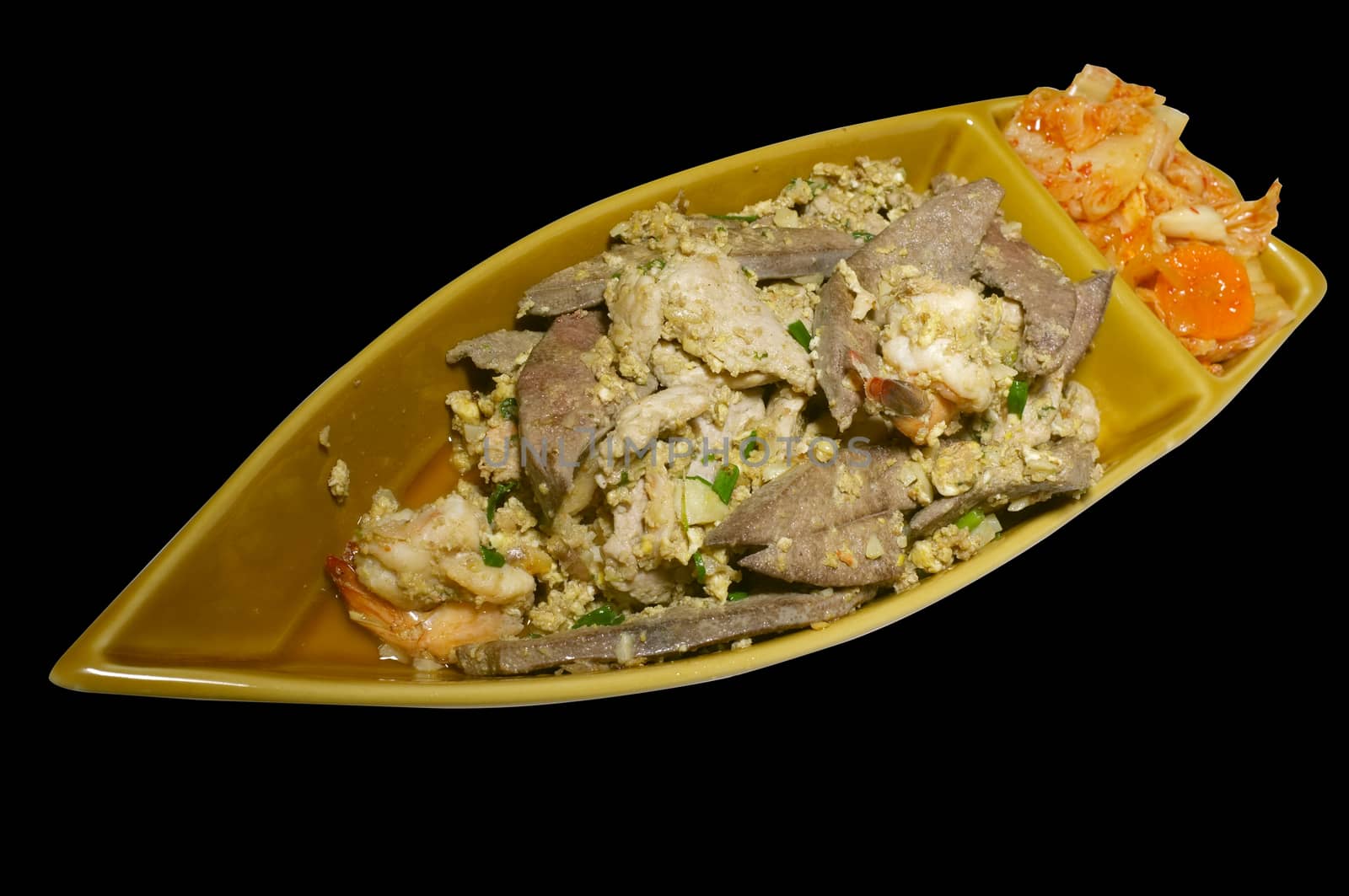 Mixed meat steak with Kimchi in boat shape platter