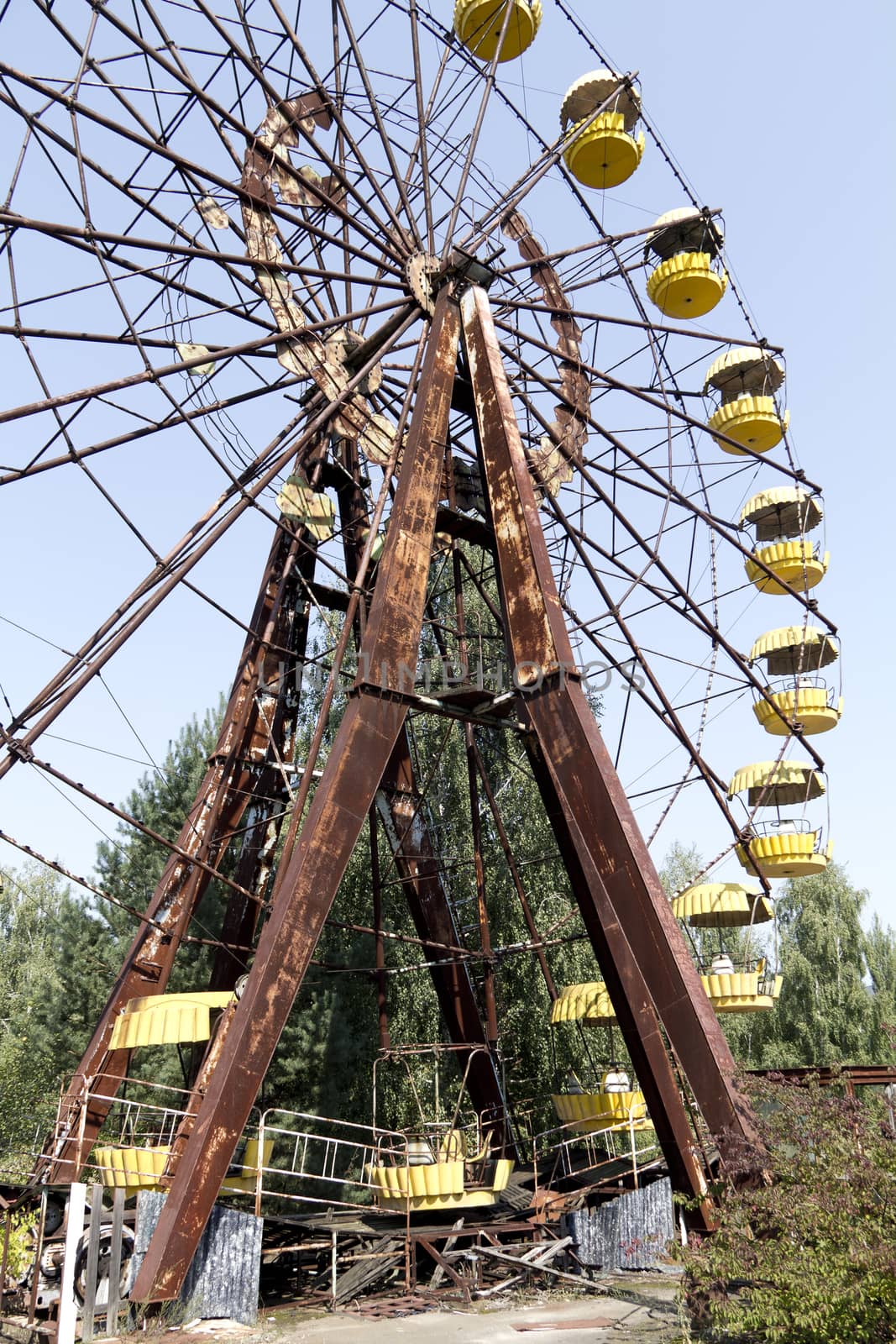 Ferris wheel in Pripyat - abandoned city near Chernobyl nuclear reactor. Whole city was abandoned after nuclear disaster on 26.04.1986