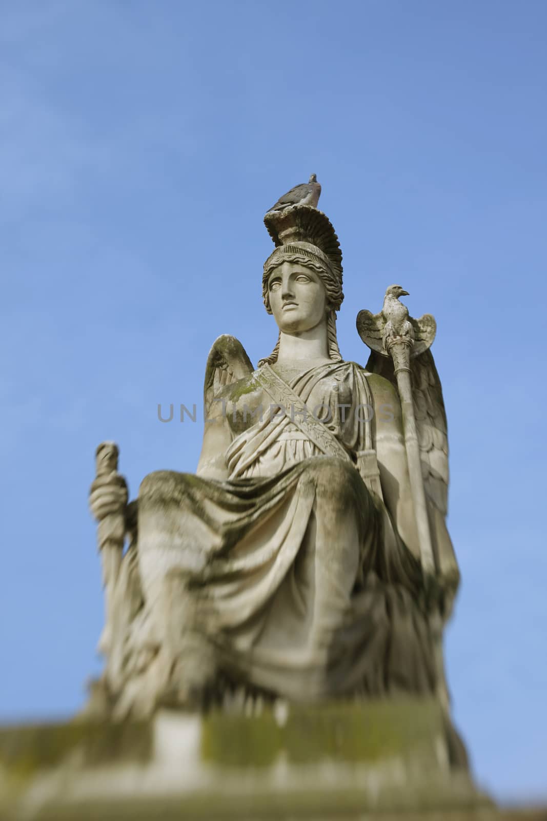 Detail of statue near a Louvre Carrousel Triumph Arch with pigeon on the head (made with lensbaby)