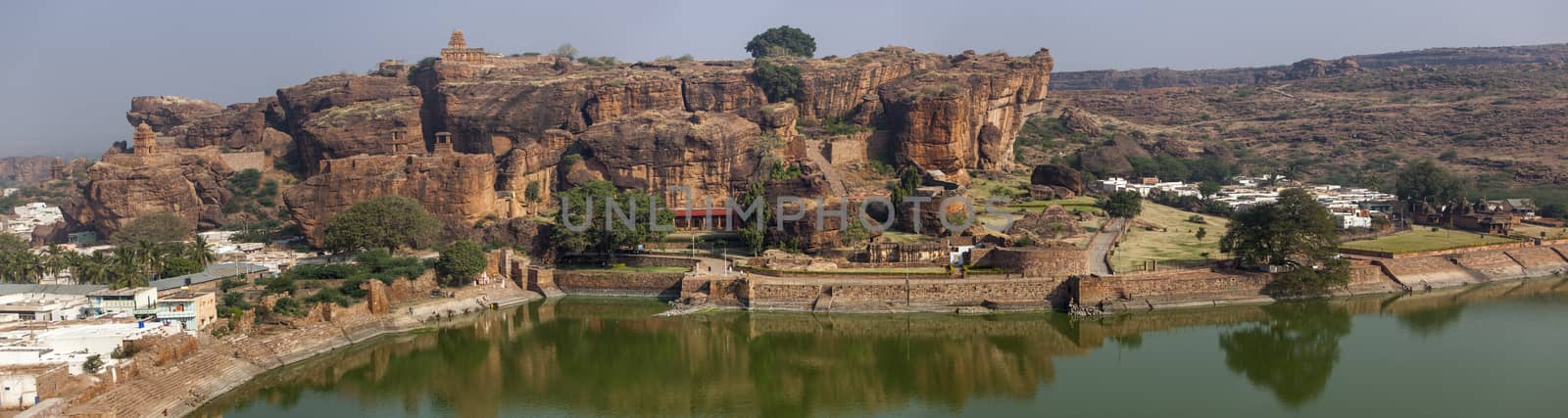 Panoramic photo from rock carved temples, artifial lake and city at Badami, Karnataka, India