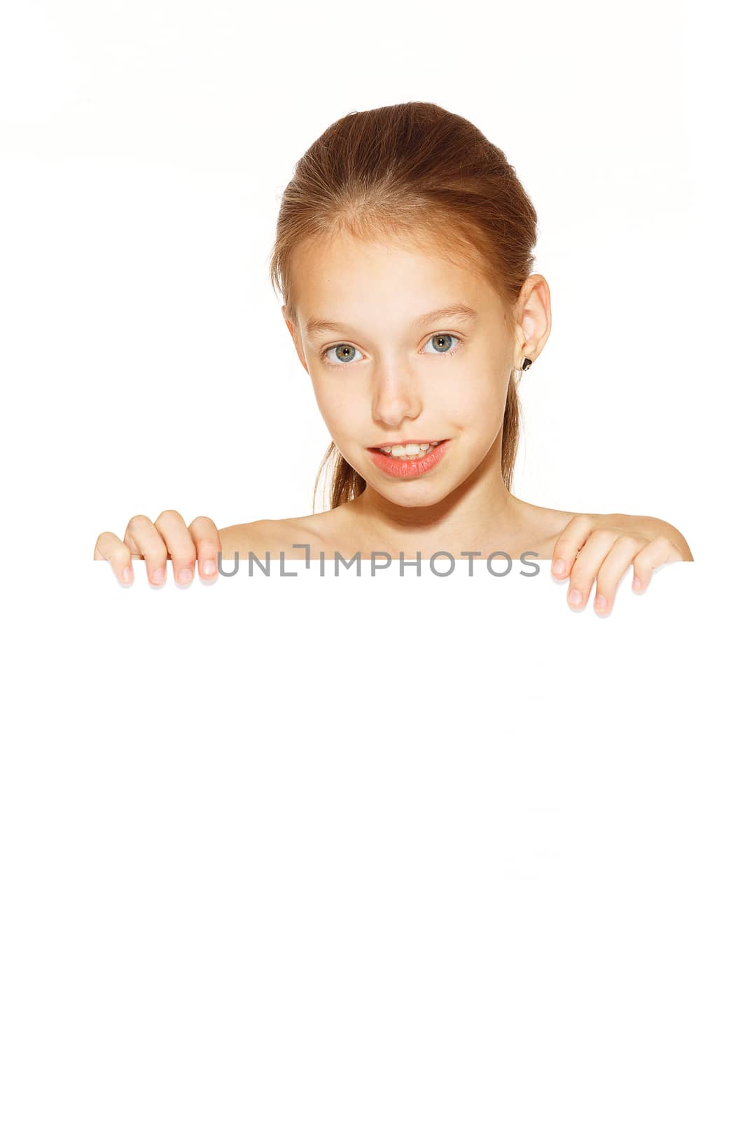 Little girl with blank sign isolated on white