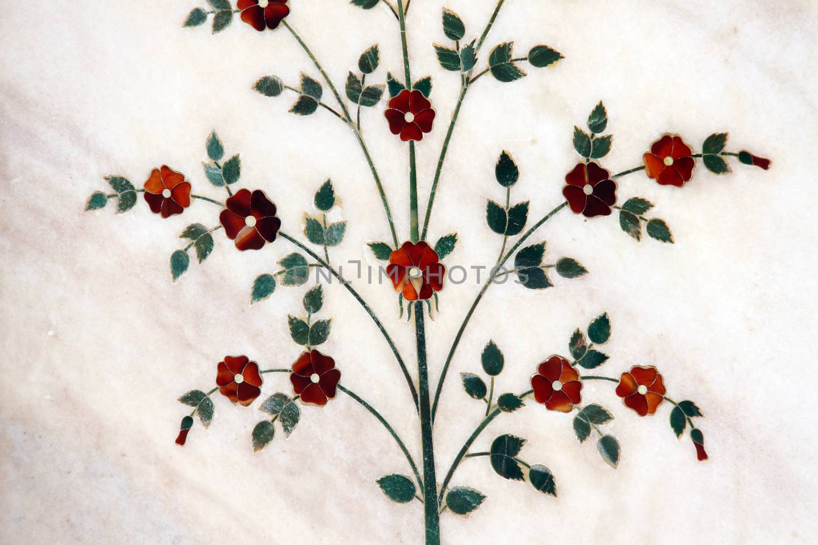 Marble flowers on pillars inside of Red Fort in Delhi, India
