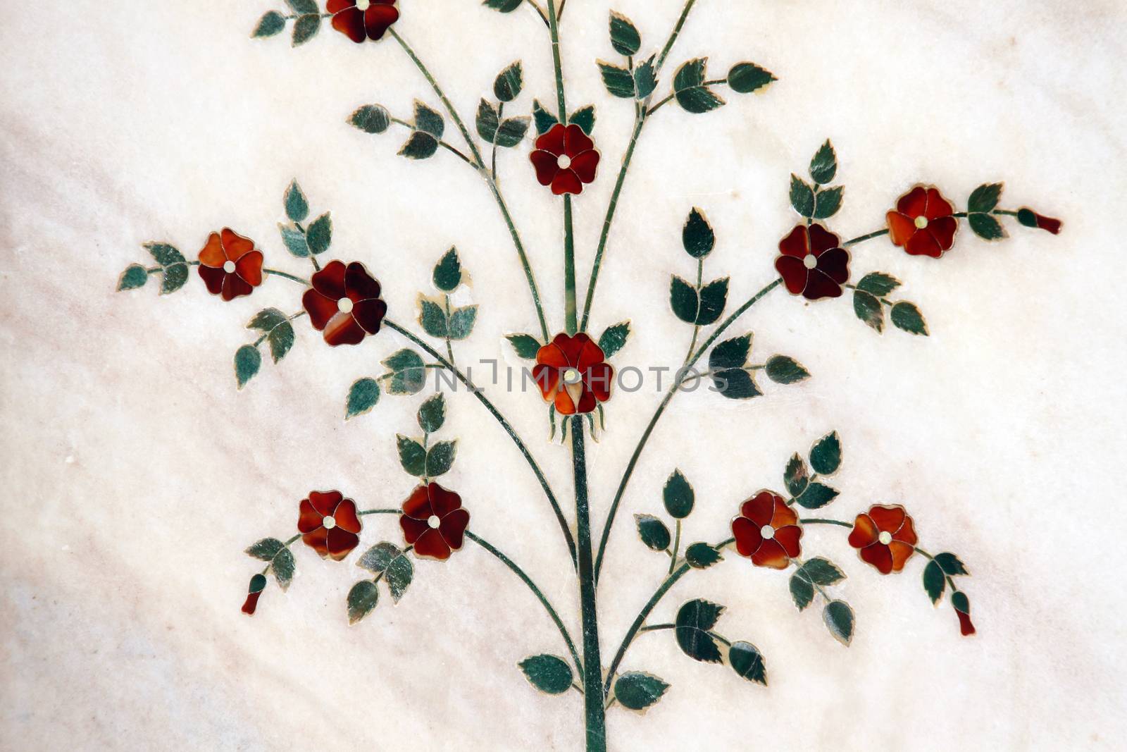 Marble flowers on pillars inside of Red Fort in Delhi, India