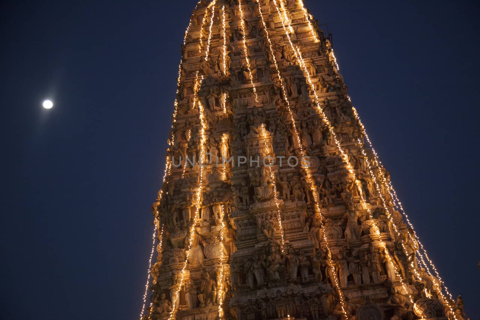 Lightings On Hindu Temple In Moonlight, Outdoors