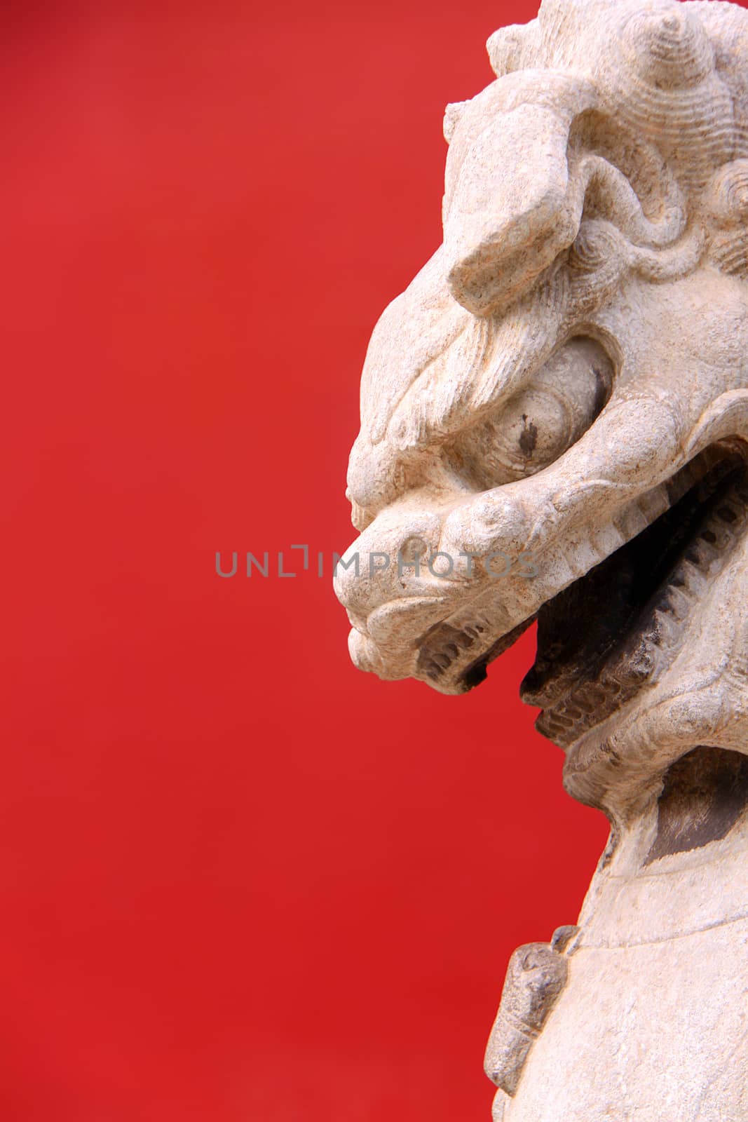 Lion on red background taken infront of an entrance on a garden of the Forbidden City in Beijing, China