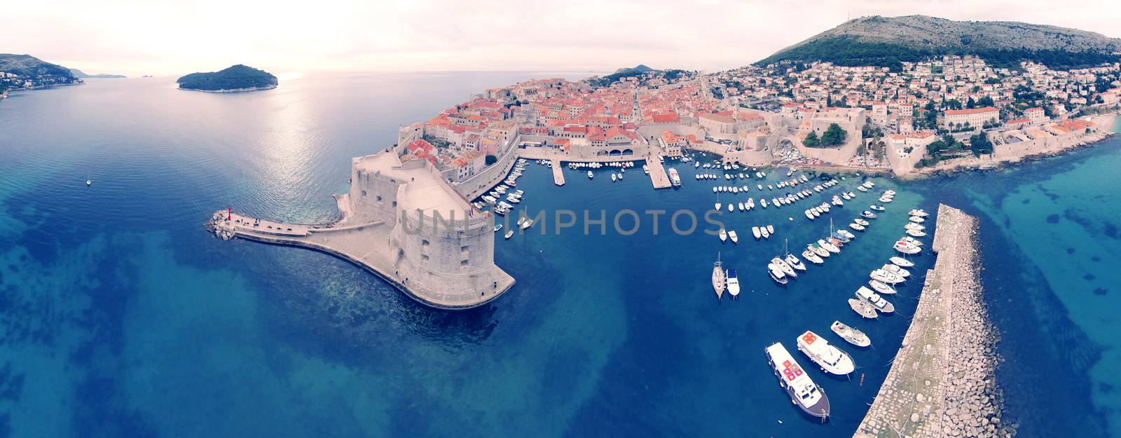 Areal panoramic view on Dubrovnik, Croatia. One of the most prominent travel destinations on Adriatic sea, located on Dalmatian coastline.