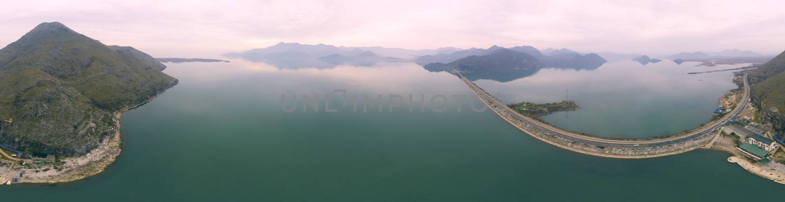 Areal view from mid air on Lake Skadar. The biggest lake on Balkan is located in Montenegro and expands in northern Albania.