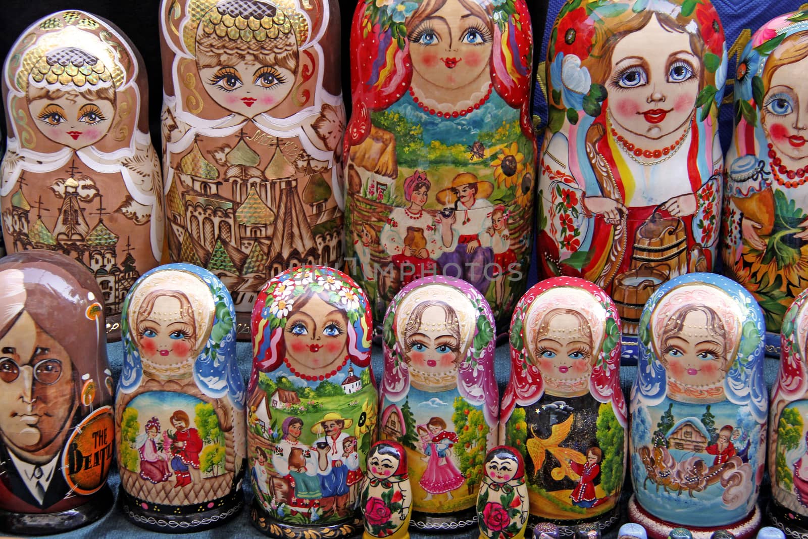 Kiev, Ukraine - August 28, 2011: Lots of Babushka / Matryoshka dolls. Very famous souvenir from Russia and other ex - Soviet countries. Taken on a street market in Kiev