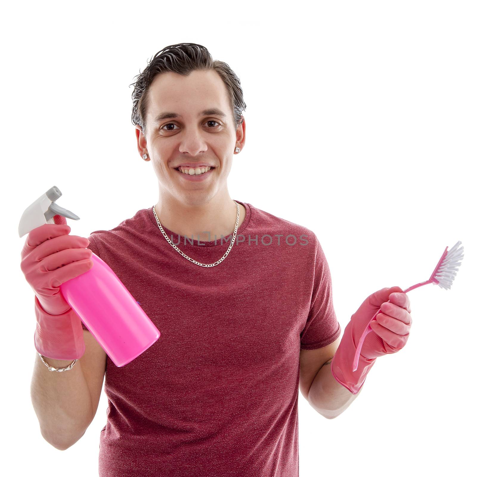 Young man with cleaning supply over white background